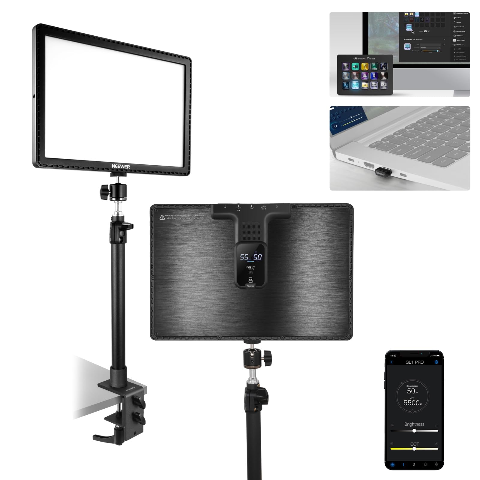 Neewer - 15.5" Desk Clamp Streaming Key Light - APP Controlled High CRI Panel for Gaming & Zoom Calls
