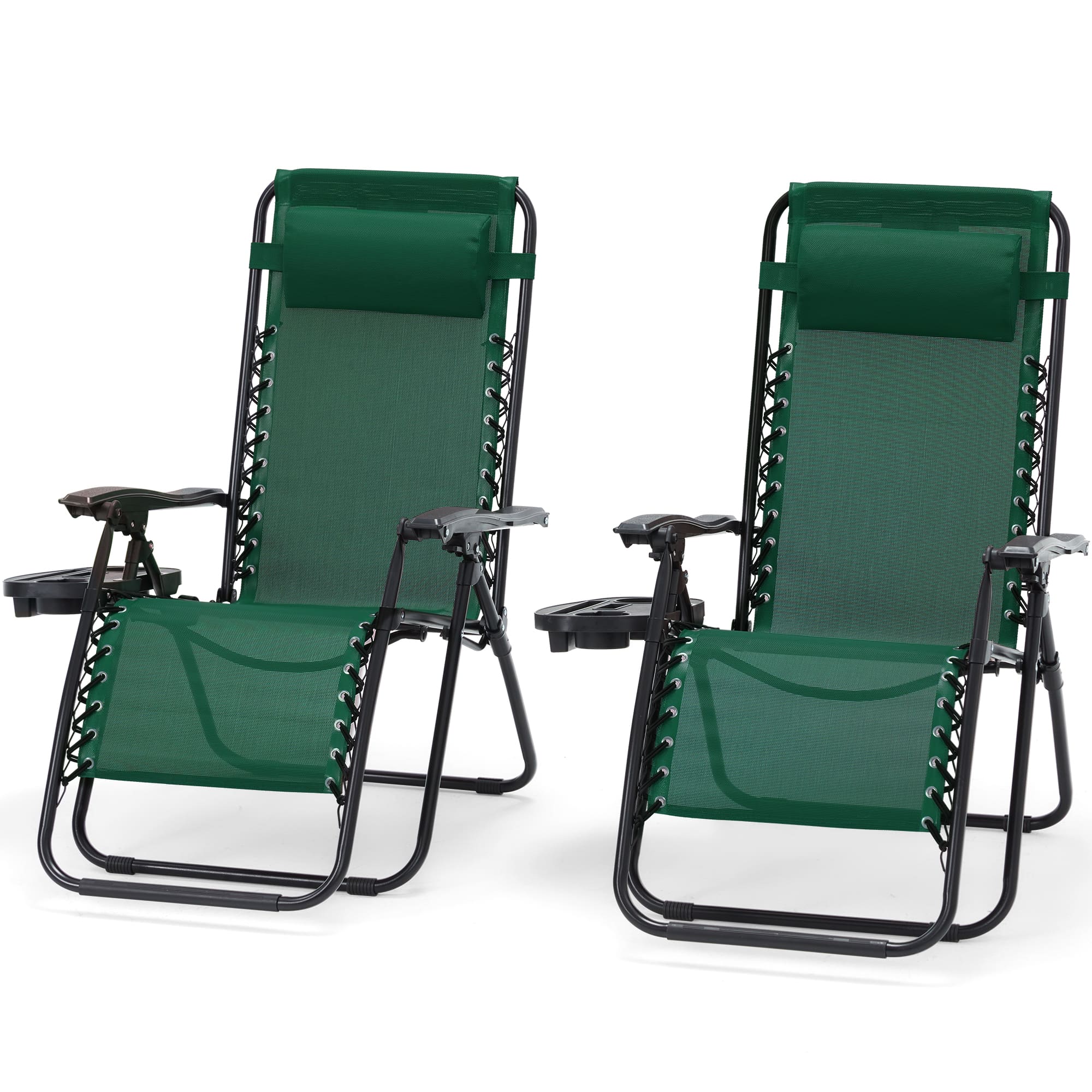 U-HOMY - Zero Gravity Reclining Lounge Chair Set of 2 Outdoor Folding Recliners with Cup Holder and Weather Resistant Fabric - Forest Green