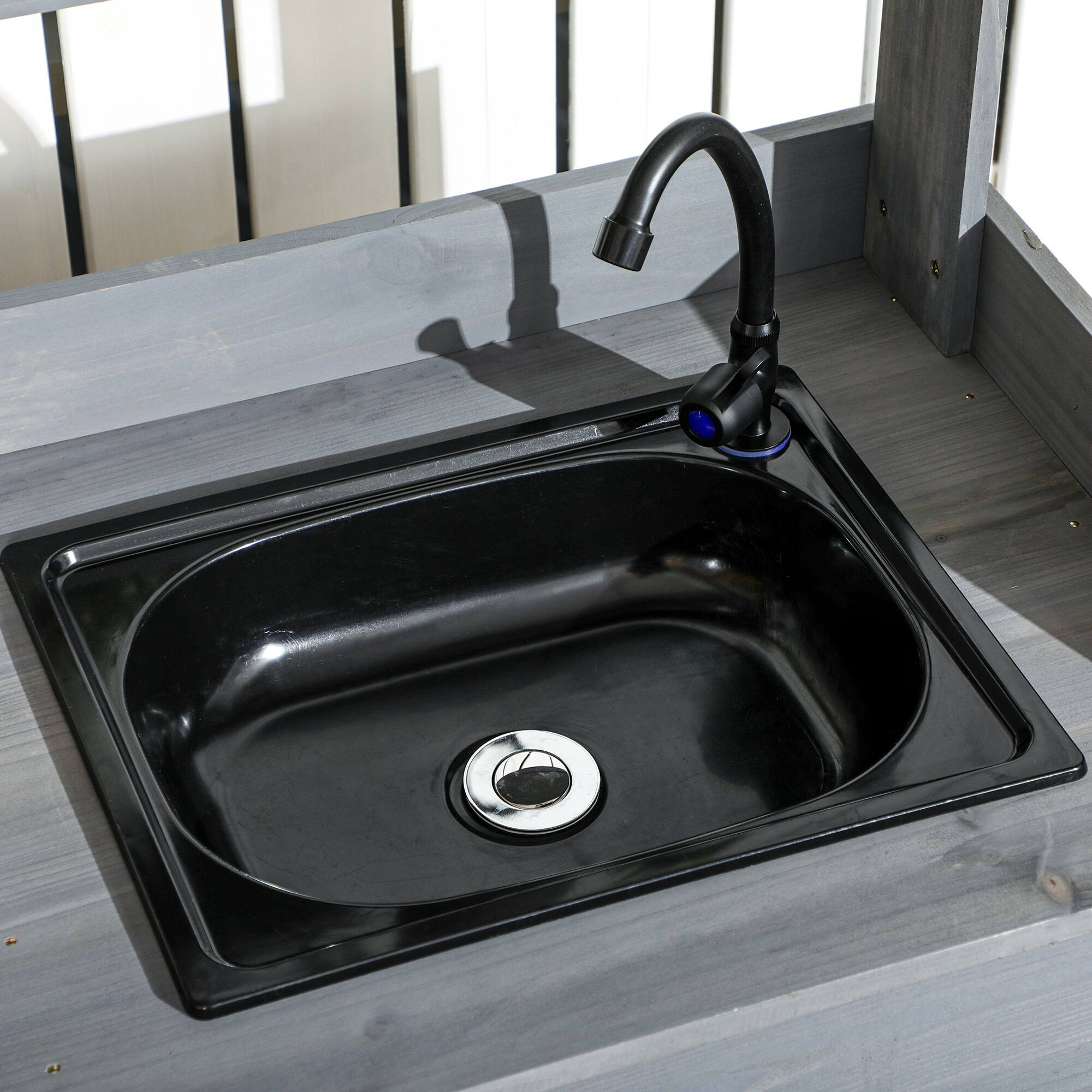 Alt View 7. Outsunny - Potting Bench Table, Outdoor Garden Table Wooden Work Station with Removable Sink, Faucet, Drawer, Shelves, Hooks - Gray.