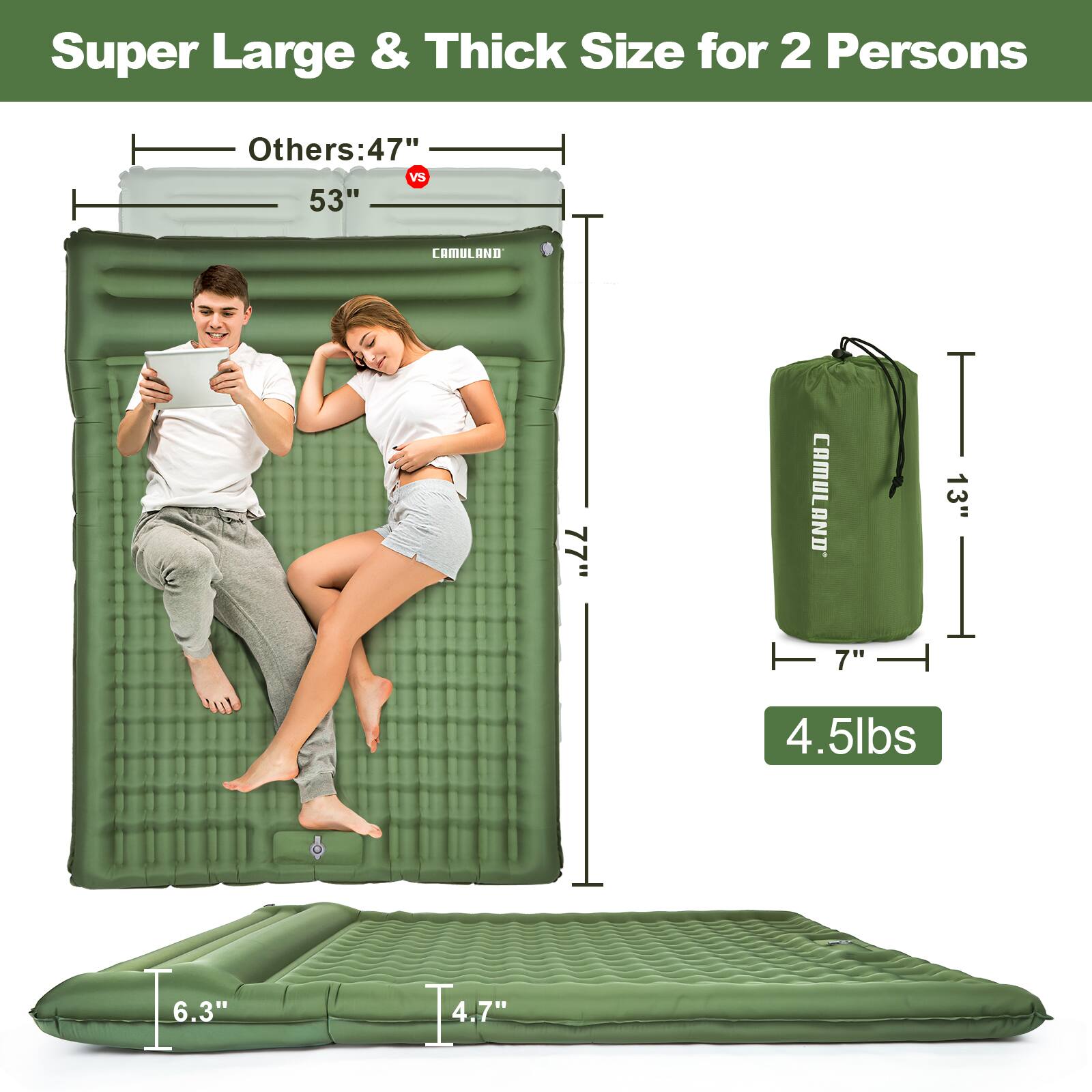 Super Large & Thick Size for 2 Persons

Others: 47" vs 53"

CAMULAND

7"

13"

4.5lbs

6.3"

4.7"