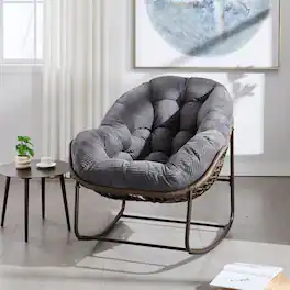 Whisen - Oversized 1-Piece Rattan Rocking Chair, Outdoor Patio Rocker with Thick Padded Cushion & Sturdy Steel Frame - Gray