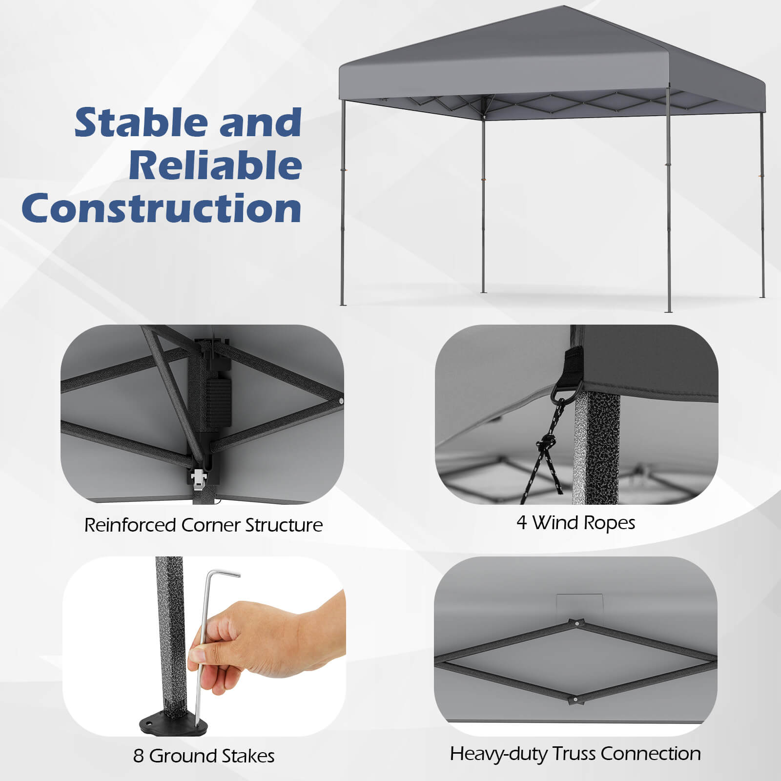 Stable and Reliable Construction

- Reinforced Corner Structure
- 4 Wind Ropes
- 8 Ground Stakes
- Heavy-duty Truss Connection