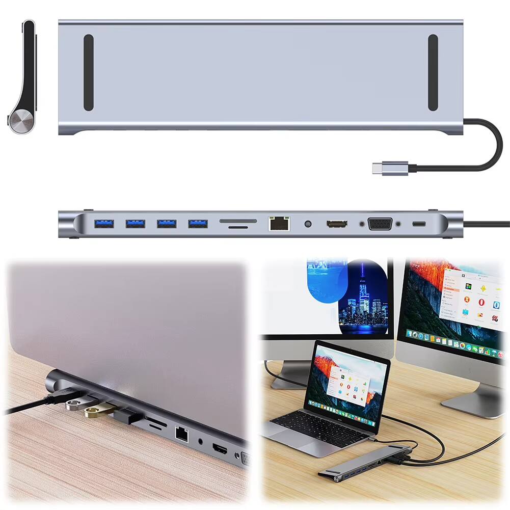 Alt View 5. Luckbyte - 11-in-1 USB-C Docking Station with 4K HDMI, VGA, Gigabit Ethernet, 100W Power Delivery, SD/TF Reader, 4 USB Ports.