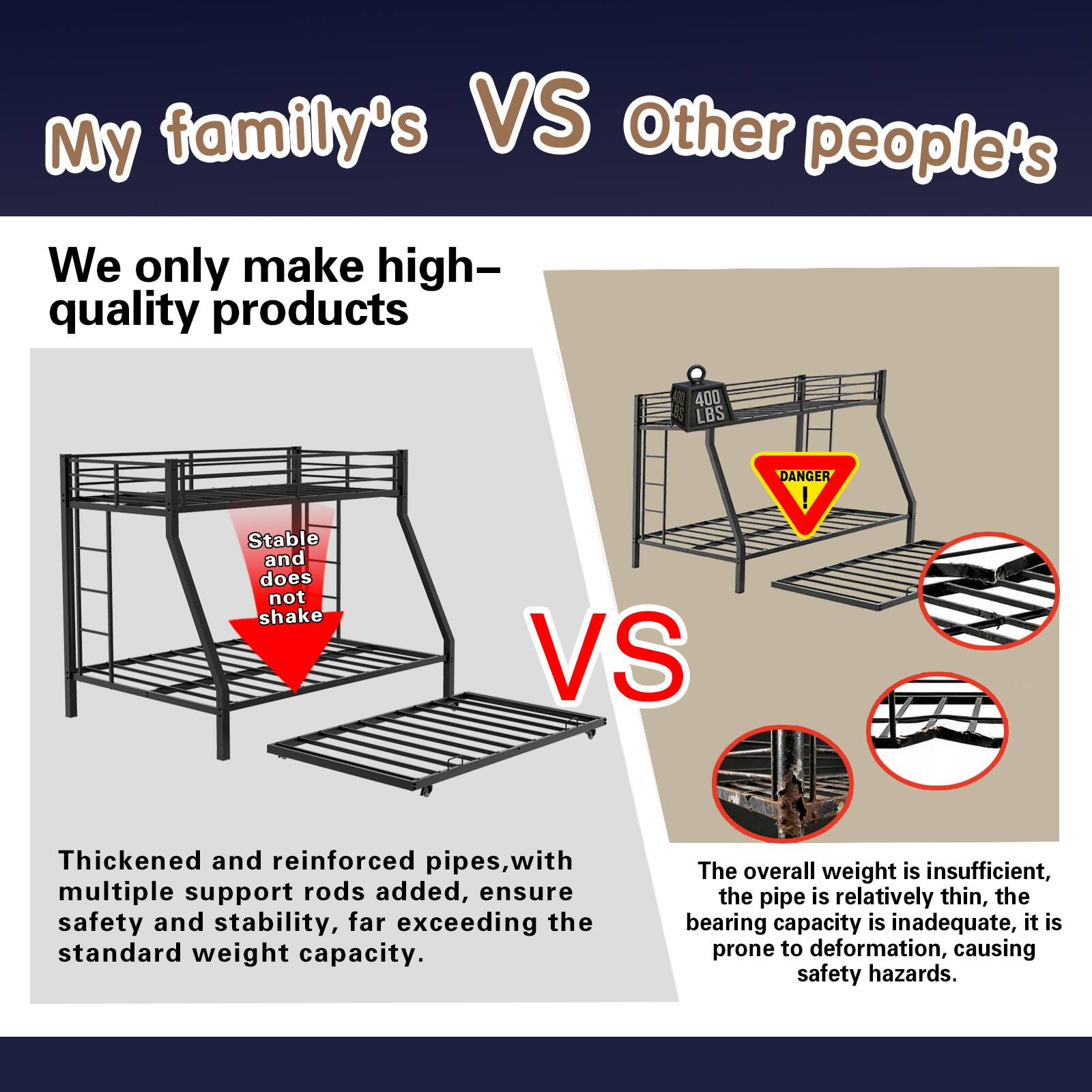 My family's VS Other people's

We only make high-quality products

400 LBS DANGER

Stable and does not shake

VS

Thickened and reinforced pipes, with multiple support rods added, ensure safety and stability, far exceeding the standard weight capacity.

The overall weight is insufficient, the pipe is relatively thin, the bearing capacity is inadequate, it is prone to deformation, causing safety hazards.