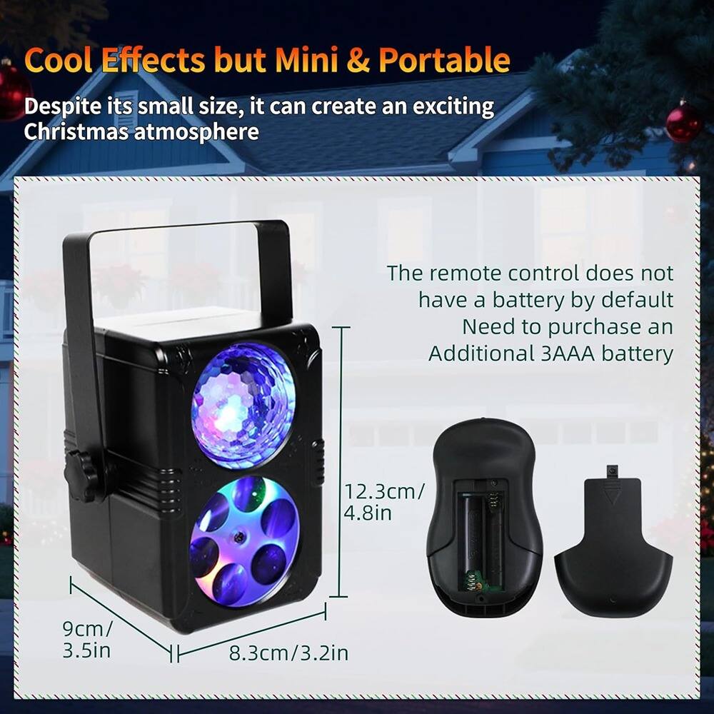 Cool Effects but Mini & Portable

Despite its small size, it can create an exciting Christmas atmosphere

The remote control does not have a battery by default. Need to purchase an additional 3AAA battery

12.3cm/4.8in  
9cm/3.5in  
8.3cm/3.2in
