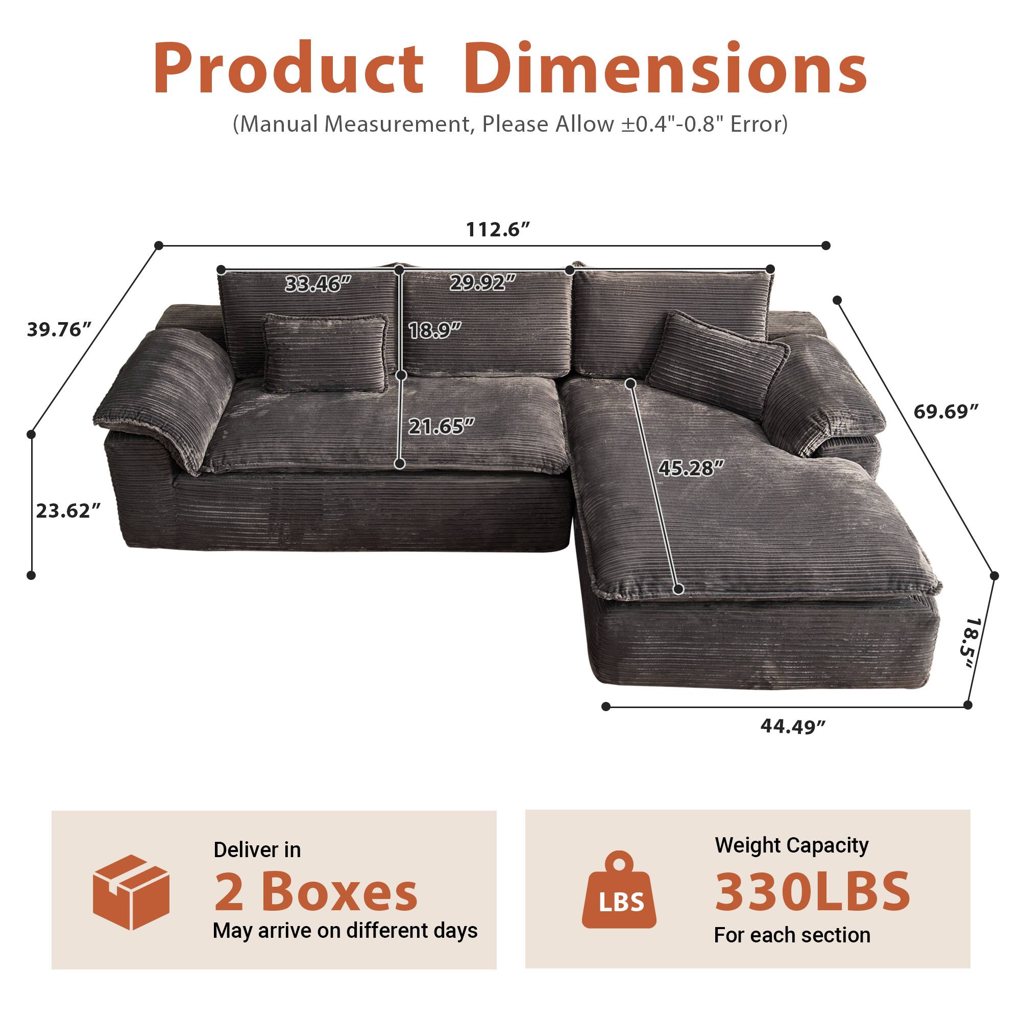 Product Dimensions  
(Manual Measurement, Please Allow ±0.4" - 0.8" Error)  

112.6"  
39.76"  
23.62"  
33.46"  
29.92"  
18.9"  
21.65"  
69.69"  
45.28"  
44.49"  
18.5"  

Deliver in 2 Boxes  
May arrive on different days  

Weight Capacity  
330LBS  
For each section