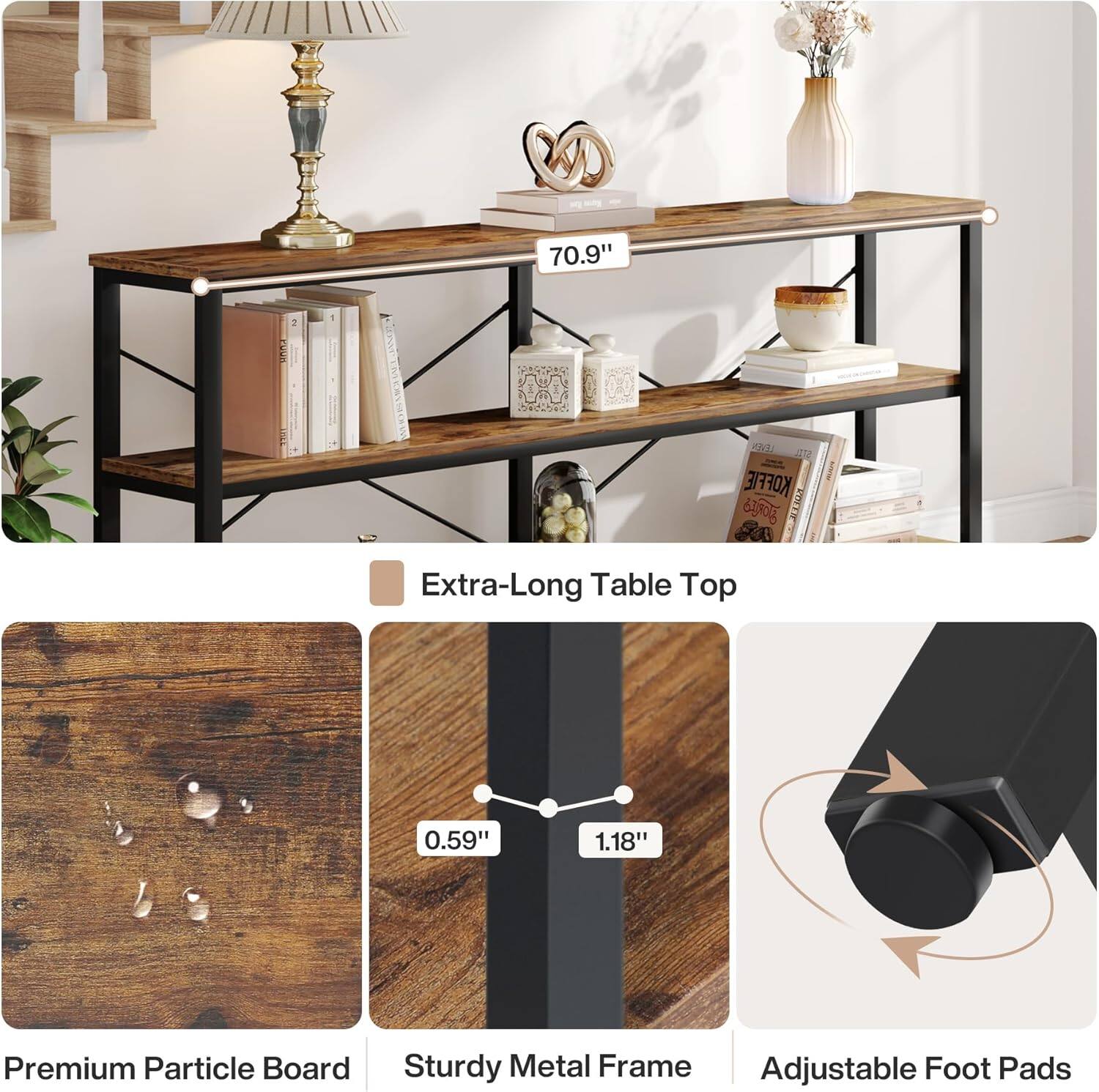 70.9"  
X  
LEVEN KOFFIE JORIES  
Extra-Long Table Top  
0.59"  
1.18"  
Premium Particle Board Sturdy Metal Frame Adjustable Foot Pads