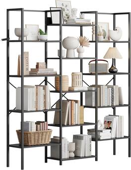 GARVEE - Triple Column 5-Tier Bookshelf 14 Open Shelves Bookcase Industrial Storage Shelf for Living Room Home Office or Study - Black