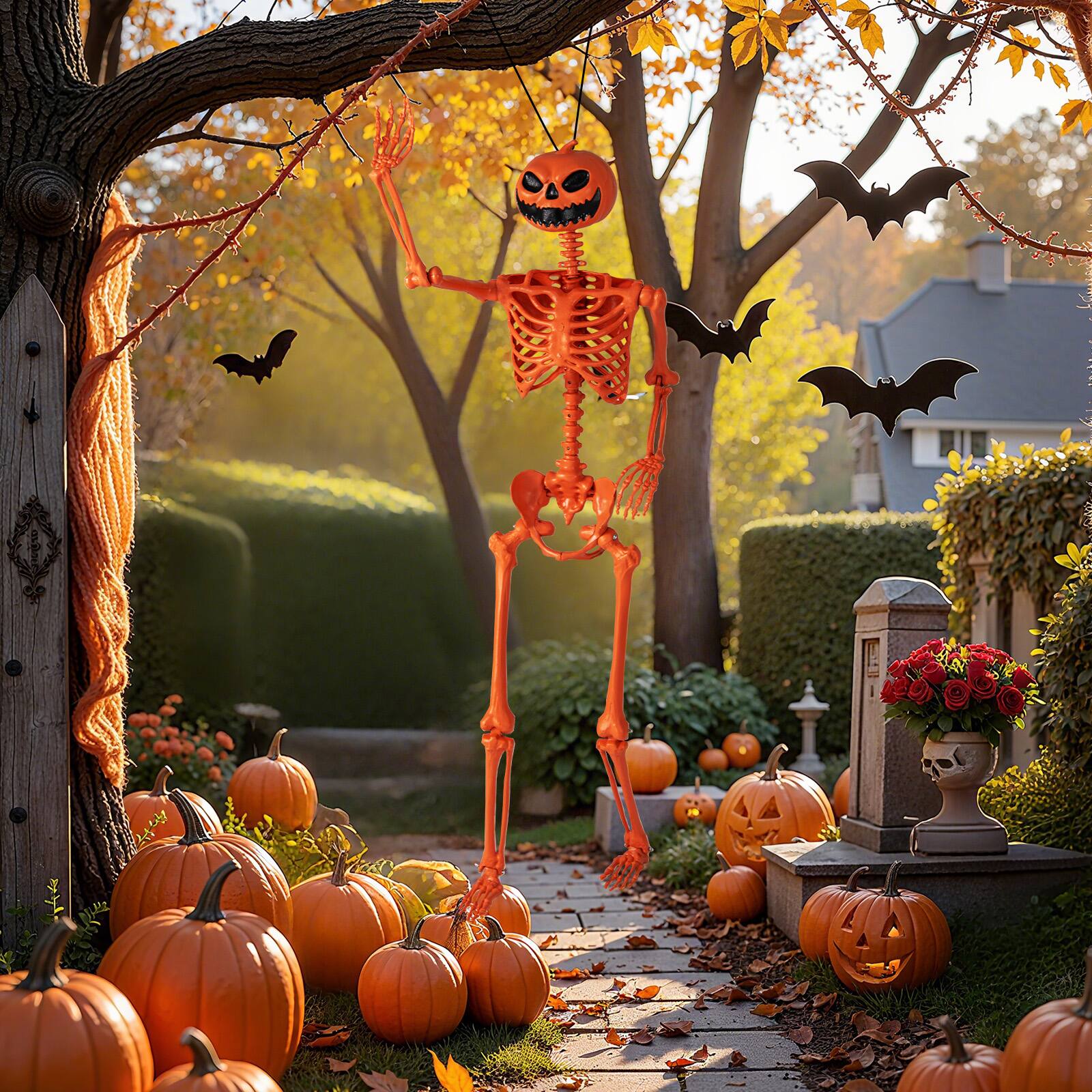 Alt View 4. Costway - Costway 5.2FT Poseable Halloween Skeleton Life-Size Decoration with Pumpkin Head - Orange.