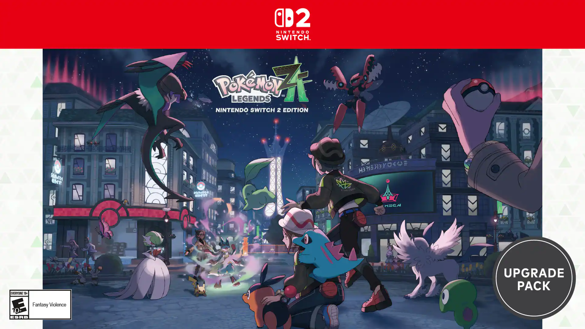 The image features a video game called "Pokemon Legends: Arceus" for the Nintendo Switch. The game is displayed on a red background, and it is an upgrade pack for the game. The pack includes a fantasy violence ESRB rating, and it is designed for everyone. - E10+ (Everyone 10+)