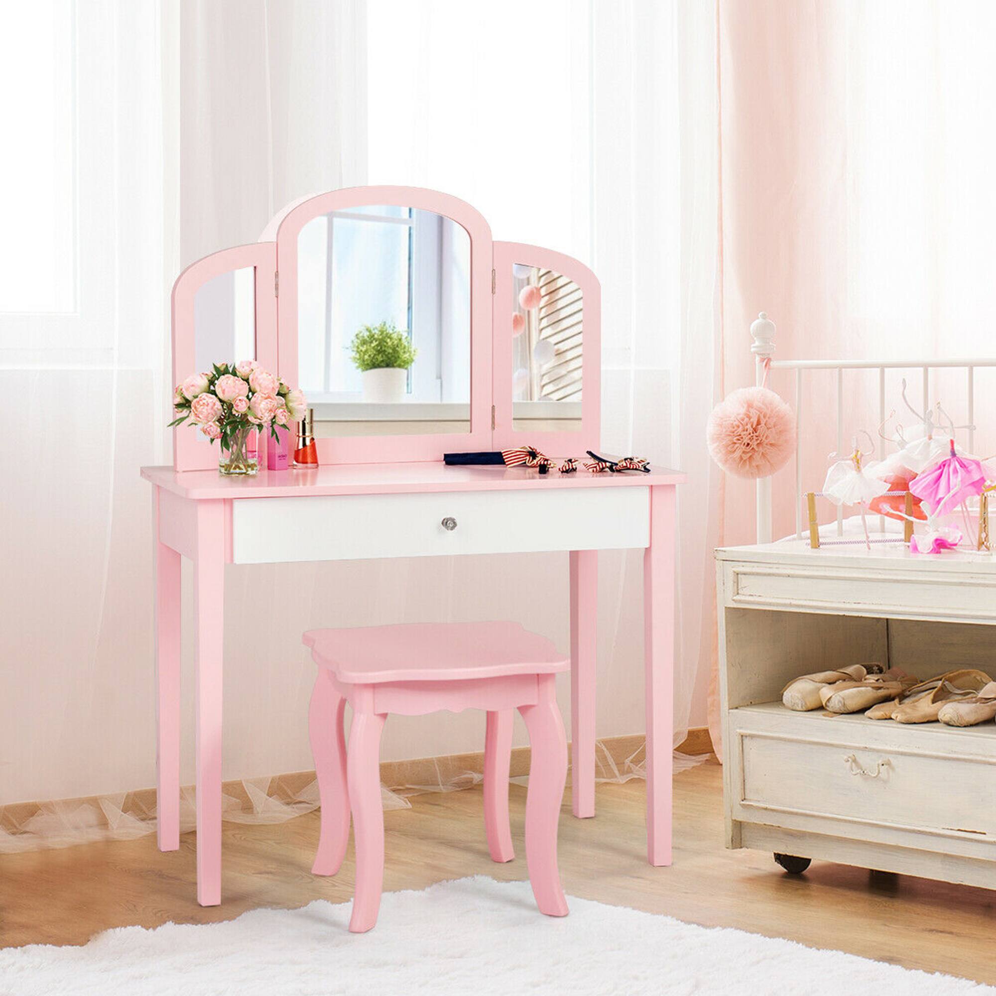 Alt View 1. Gymax - Gymax Kids Vanity Princess Make Up Dressing Table W/ Tri-folding Mirror & Chair Pink - Pink.