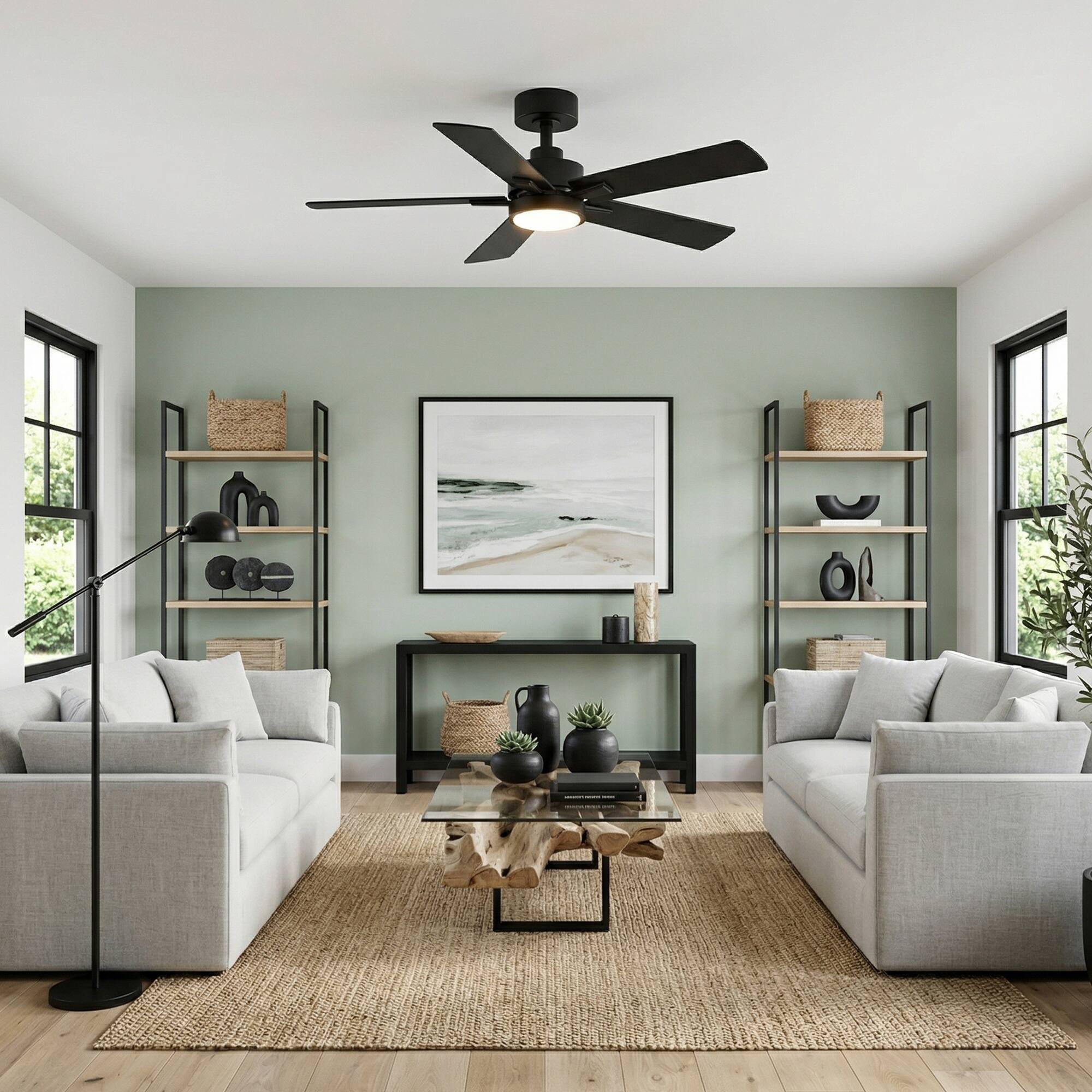 Left. Breezary - 42-Inch Ceiling Fan with LED Light, 5 MDF Blades, DC Motor, 6-Speed Remote, 1/4h Timer, Tri-Color Dimmable, Acrylic Shad - Matte Black.