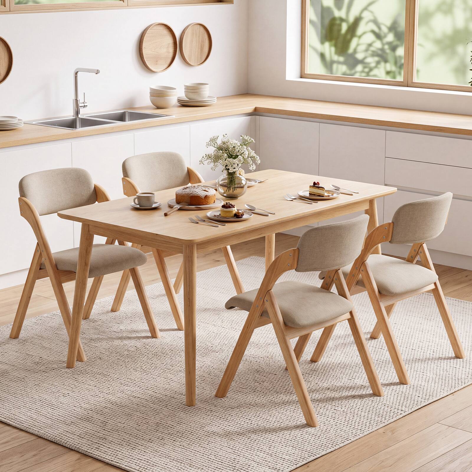 Alt View 4. Costway - Costway Folding Dining Chairs Set of 4 with Cushion, Linen Fabric Padded Seat, Wood Frame - Natural + Khaki.
