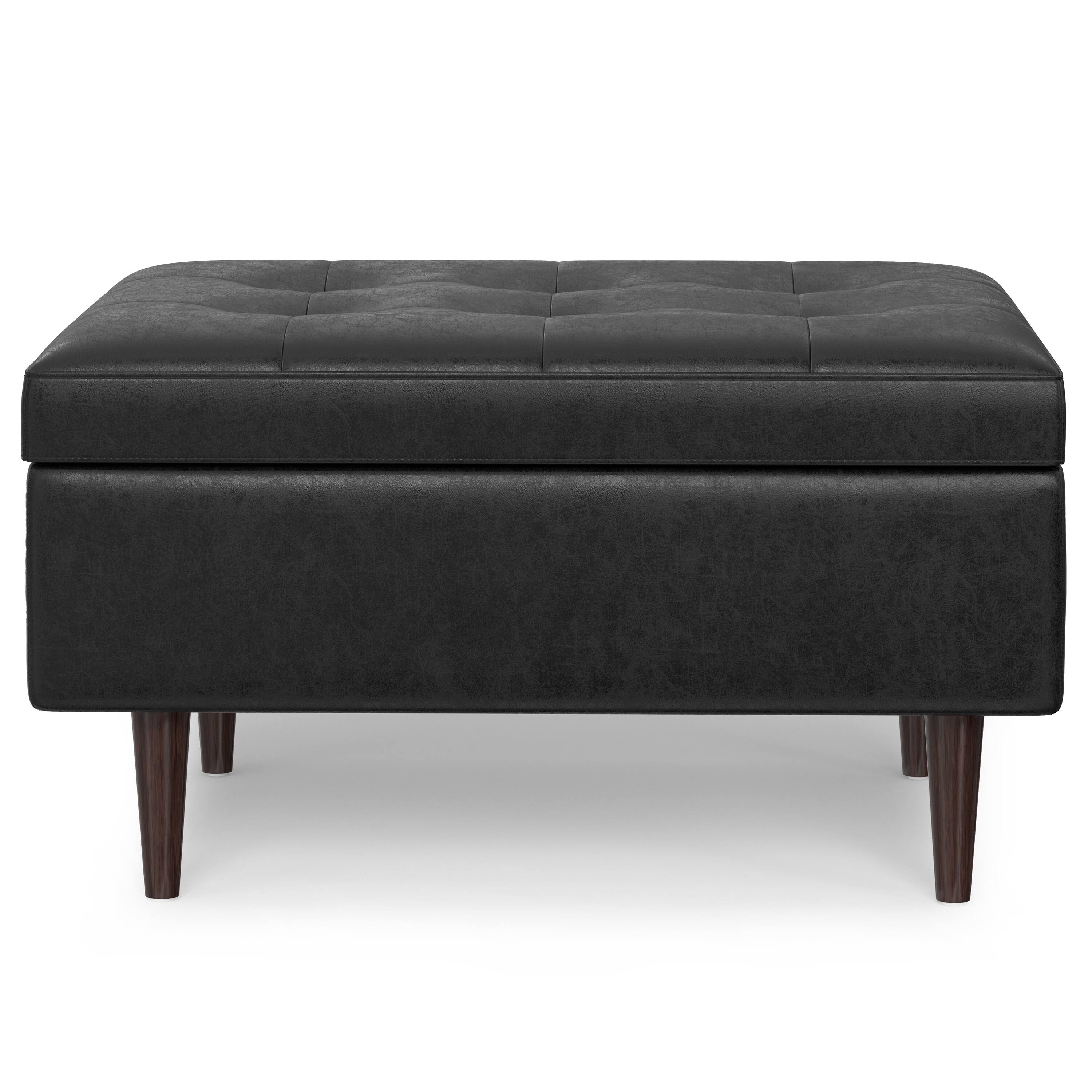 Left. Simpli Home - Shay 34 inch Wide Mid Century Modern Rectangle Coffee Table Storage Ottoman in Distressed Black Faux Leather, Assembled - Distressed Black.