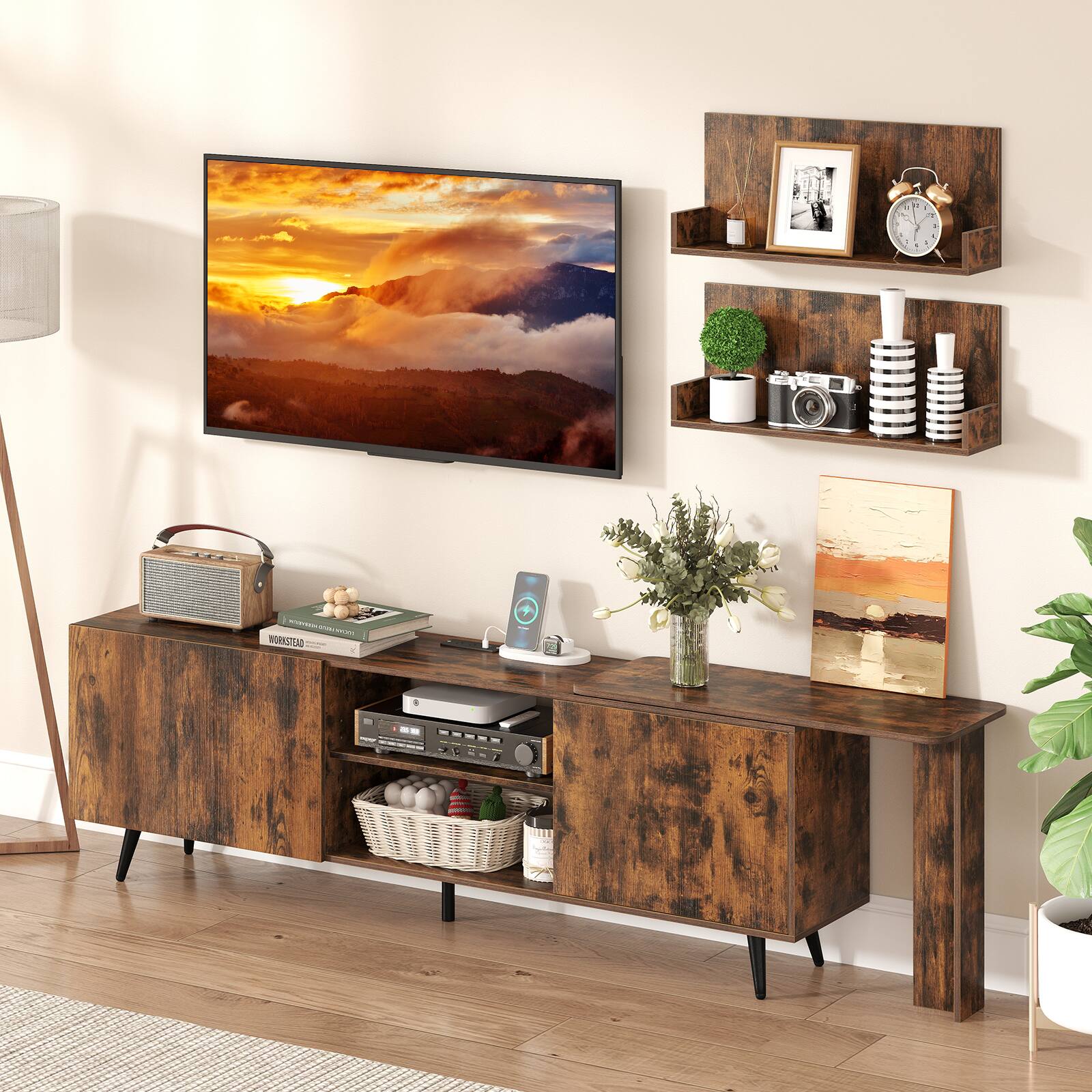 Alt View 3. Costway - Costway TV Stand for TVs up to 85", TV Cabinet with 2 Wall Shelves & Charging Station - Rustic Brown & Black.