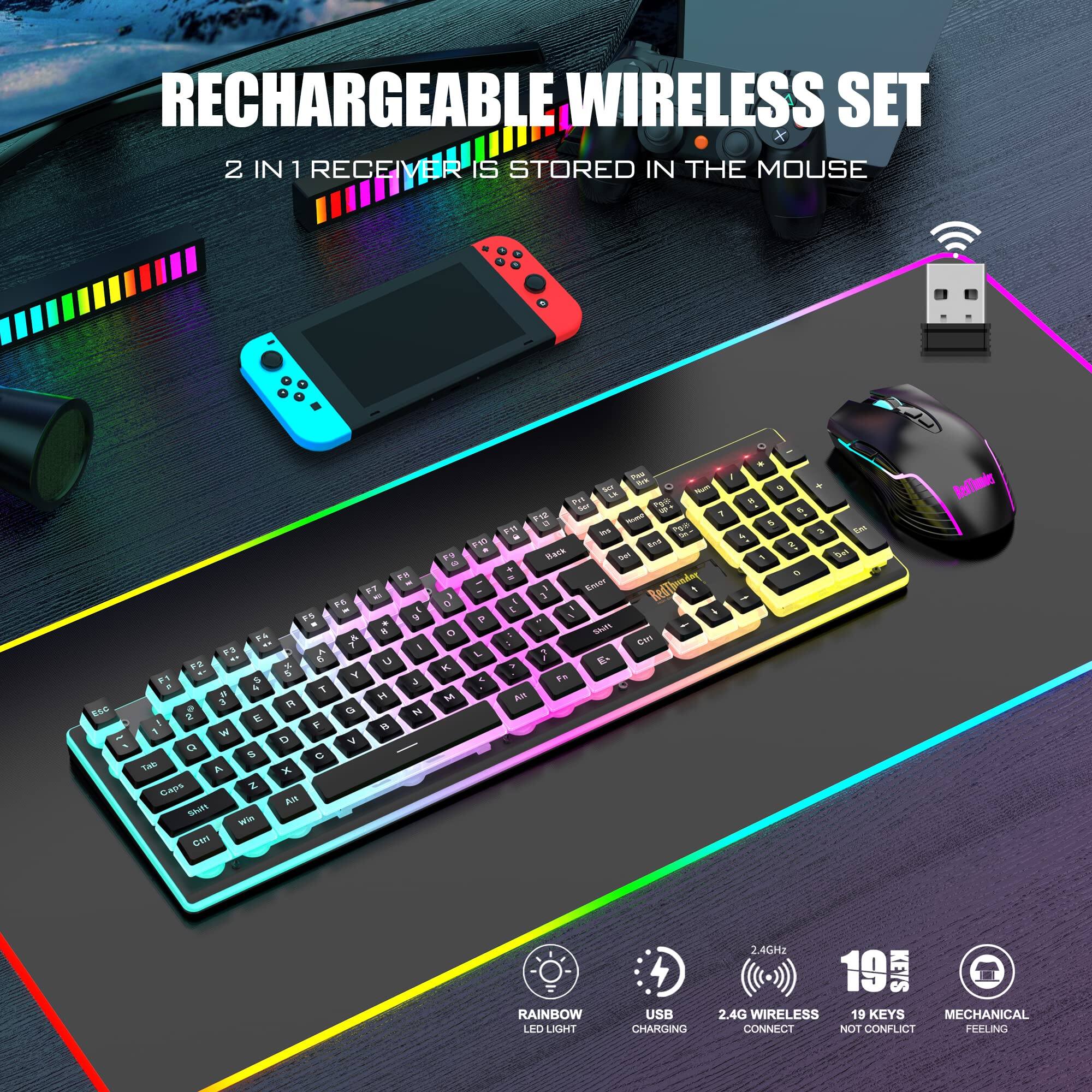 RECHARGEABLE WIRELESS SET  
2 IN 1 RECEIVER IS STORED IN THE MOUSE  

RAINBOW LED LIGHT  
USB CHARGING  
2.4GHz WIRELESS CONNECT  
19 KEYS  
MECHANICAL FEELING  
NOT CONFLICT