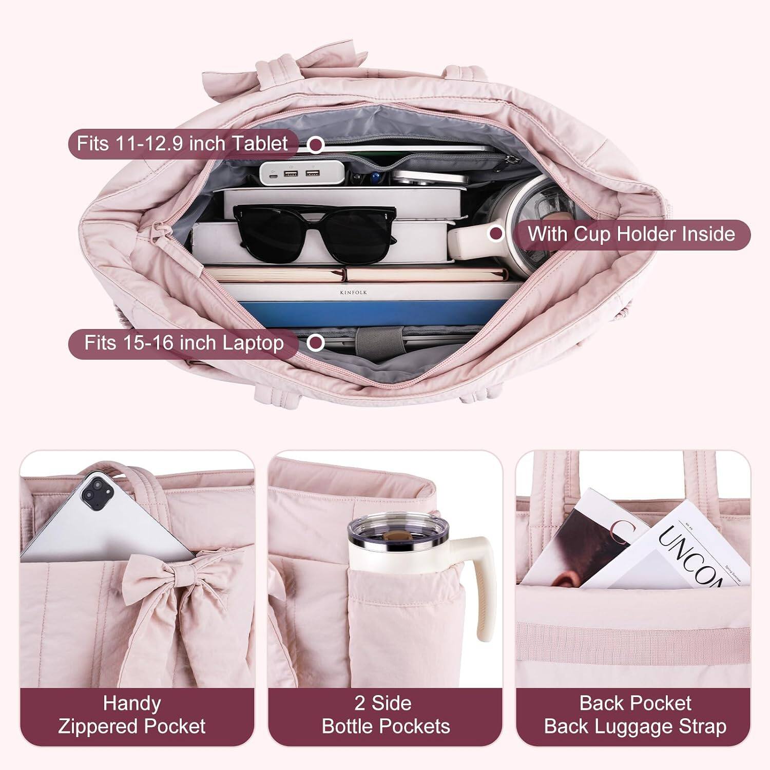 Fits 11-12.9 inch Tablet  
With Cup Holder Inside  
Fits 15-16 inch Laptop  
Handy Zippered Pocket  
2 Side Bottle Pockets  
Back Pocket Back Luggage Strap