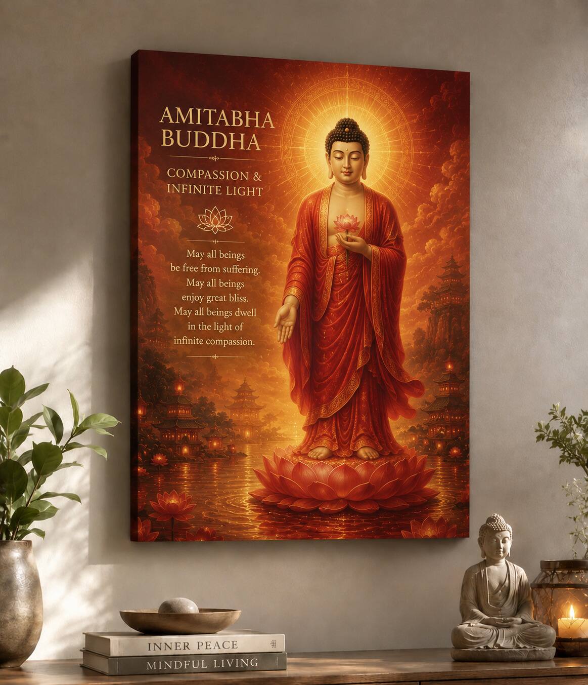 AMITABHA BUDDHA  
COMPASSION & INFINITE LIGHT  

May all beings be free from suffering.  
May all beings enjoy great bliss.  
May all beings dwell in the light of infinite compassion.  

INNER PEACE  
# MINDFUL LIVING