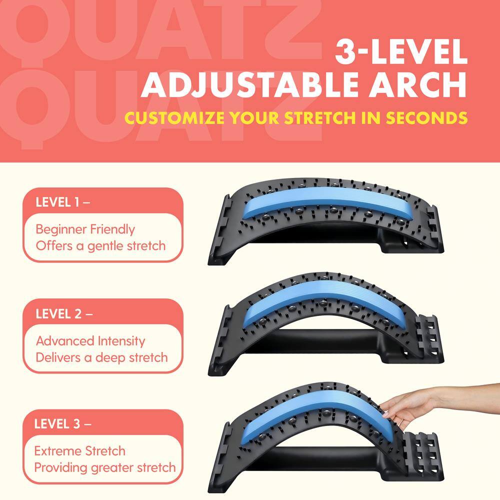 OUATZ 3-LEVEL ADJUSTABLE ARCH  
CUSTOMIZE YOUR STRETCH IN SECONDS  

LEVEL 1 –  
Beginner Friendly  
Offers a gentle stretch  

LEVEL 2 –  
Advanced Intensity  
Delivers a deep stretch  

LEVEL 3 –  
Extreme Stretch  
Providing greater stretch