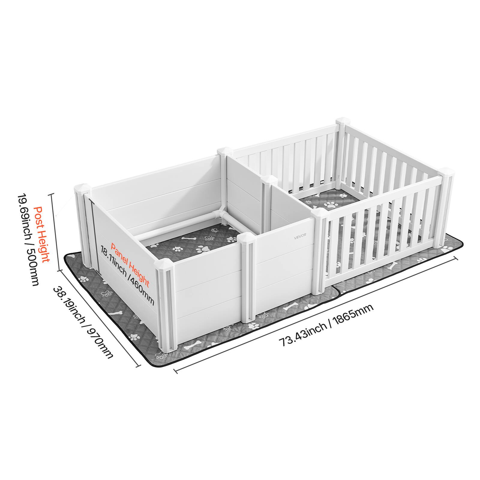 - Post Height: 19.69 inches / 500mm
- Panel Height: 38.19 inches / 970mm
- Overall Length: 73.43 inches / 1865mm