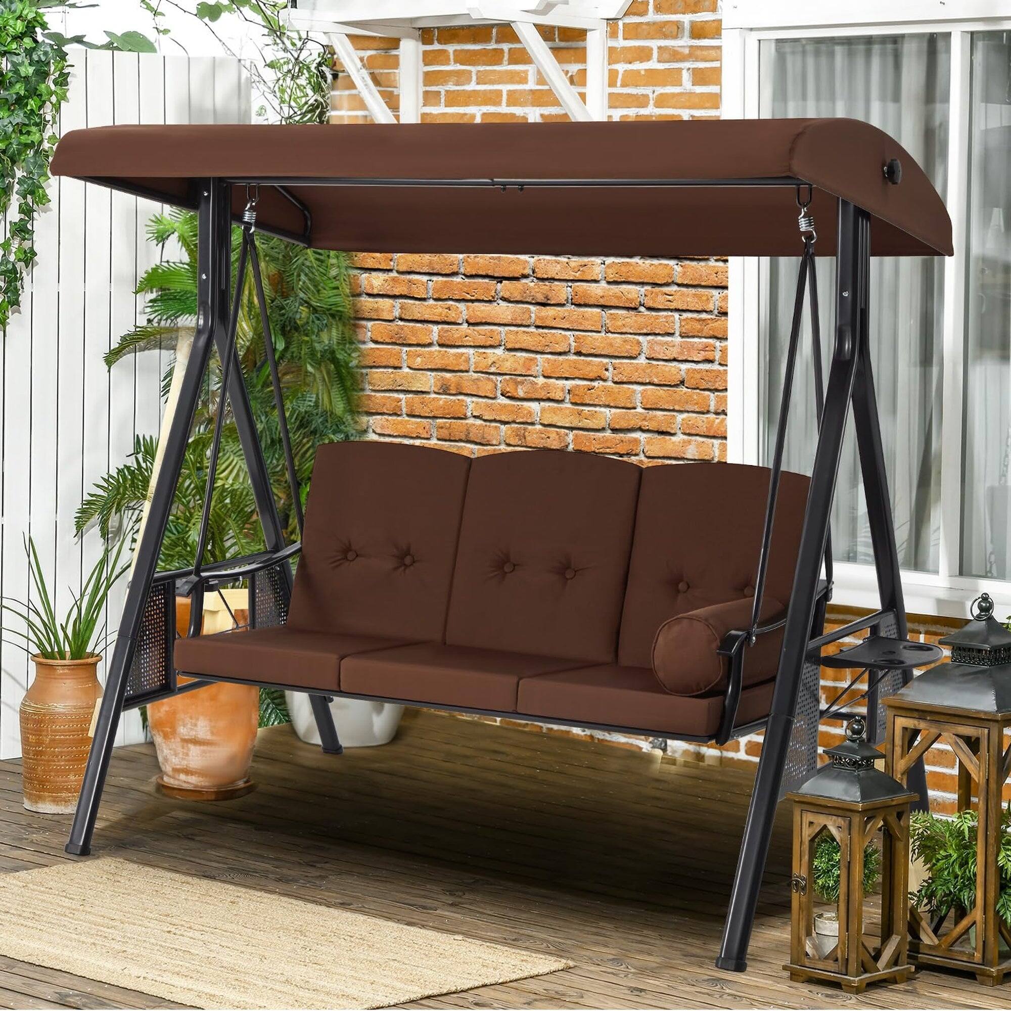 Alt View 3. Boyel Living - 3 Person Metal Patio Swing with Removable Cushion and Cup Holder Outdoor Porch Swing Chair - Brown.