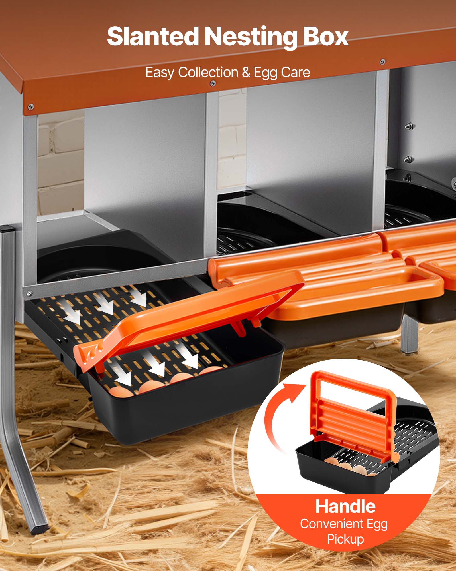 Slanted Nesting Box  
Easy Collection & Egg Care  

Handle  
Convenient Egg Pickup