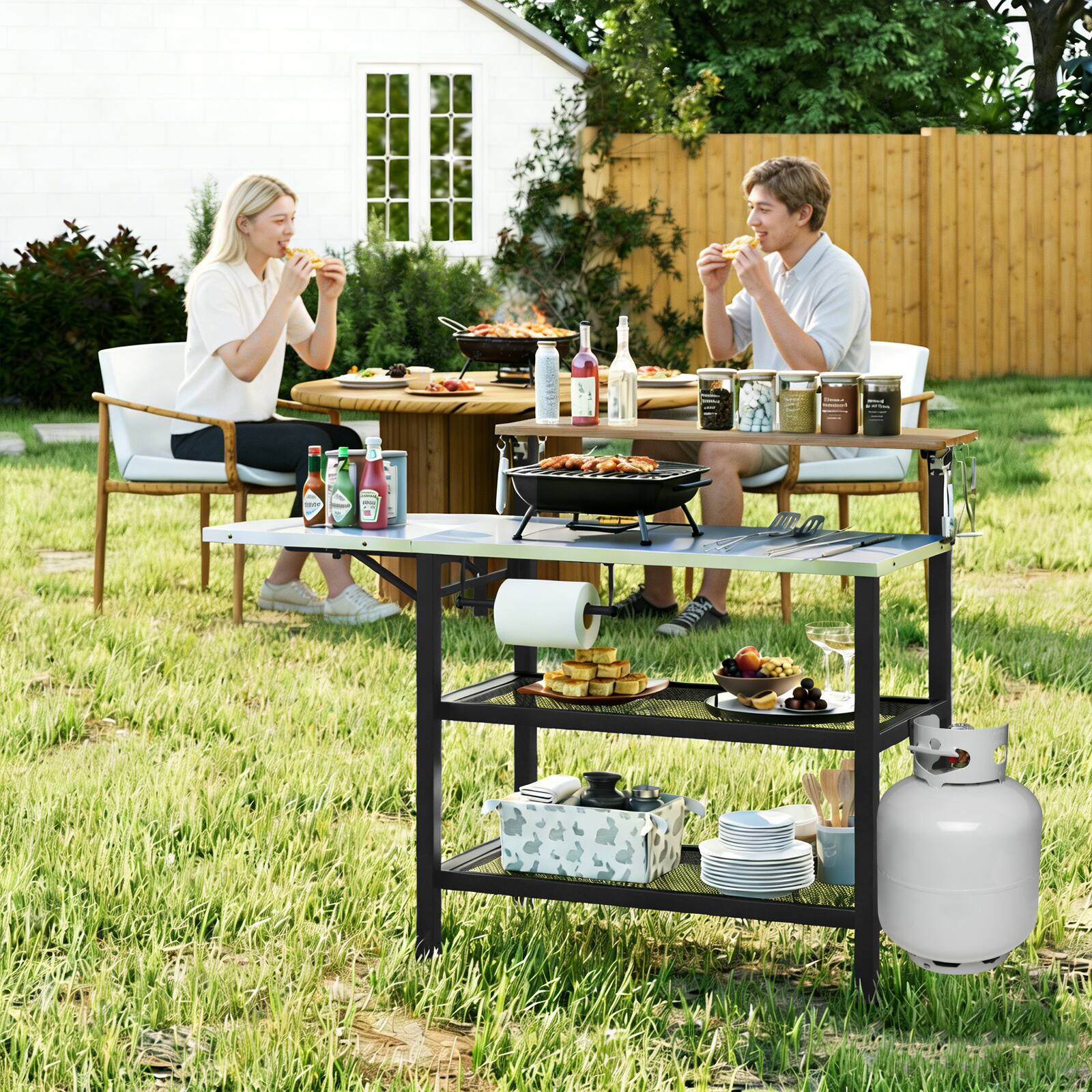 Alt View 3. Gymax - Gymax Patio Bar Table & Rolling Bar Cart w/Flip-Up Top Storage Shelves Removable Hooks - Black.