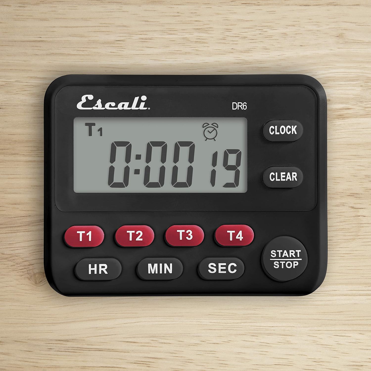 Escali DR6 T1 0:00 19  
CLOCK CLEAR  
T1 HR  
T2 T3 MIN  
T4 SEC  
START STOP