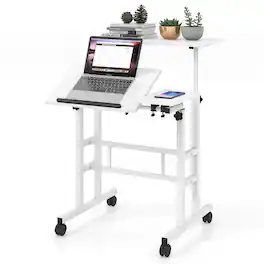 Gymax - Adjustable Computer Desk Mobile Stand up Desk Tilting Workstation - White