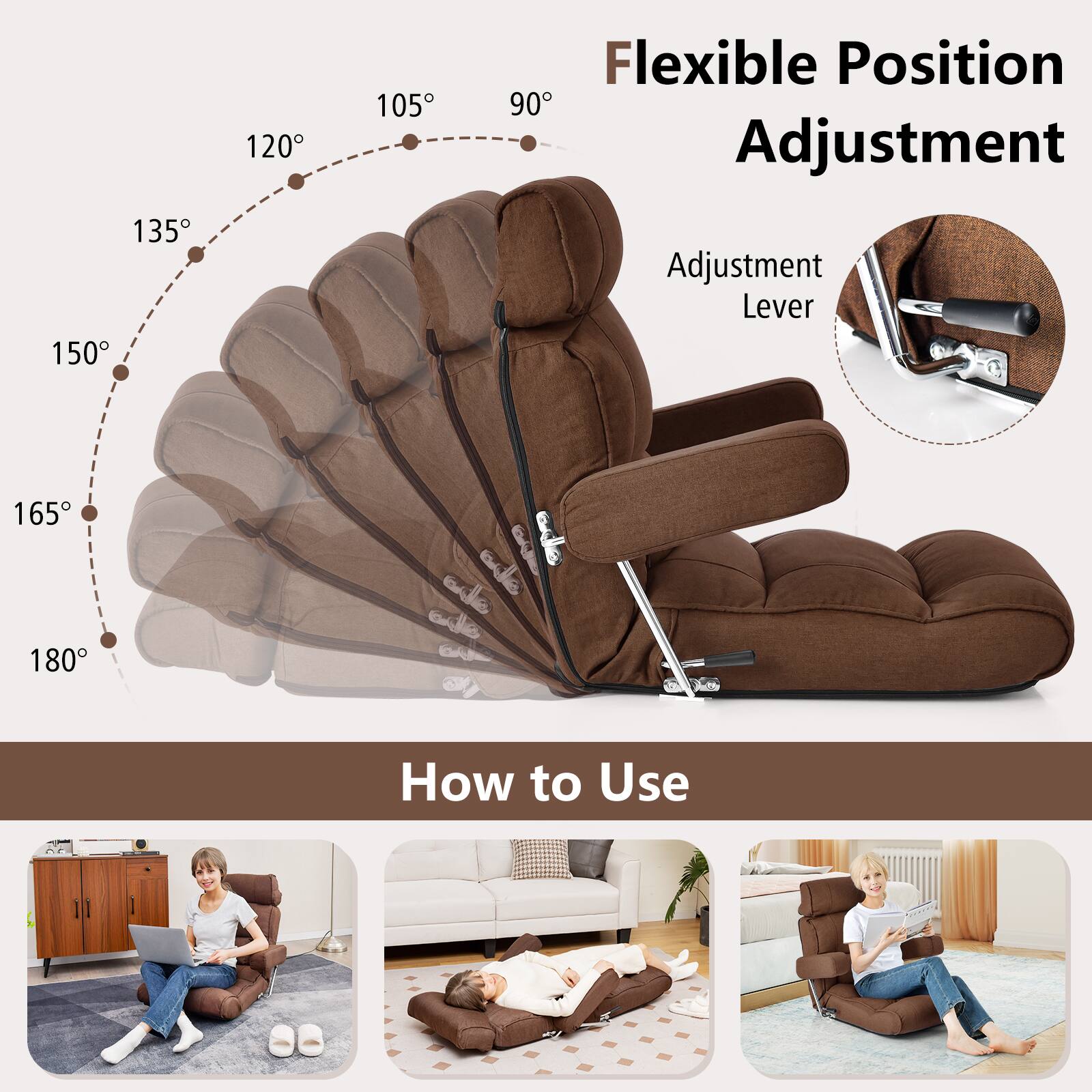 Flexible Position Adjustment

135° 150° 120° 105° 90° 165° 180°

Adjustment Lever

How to Use