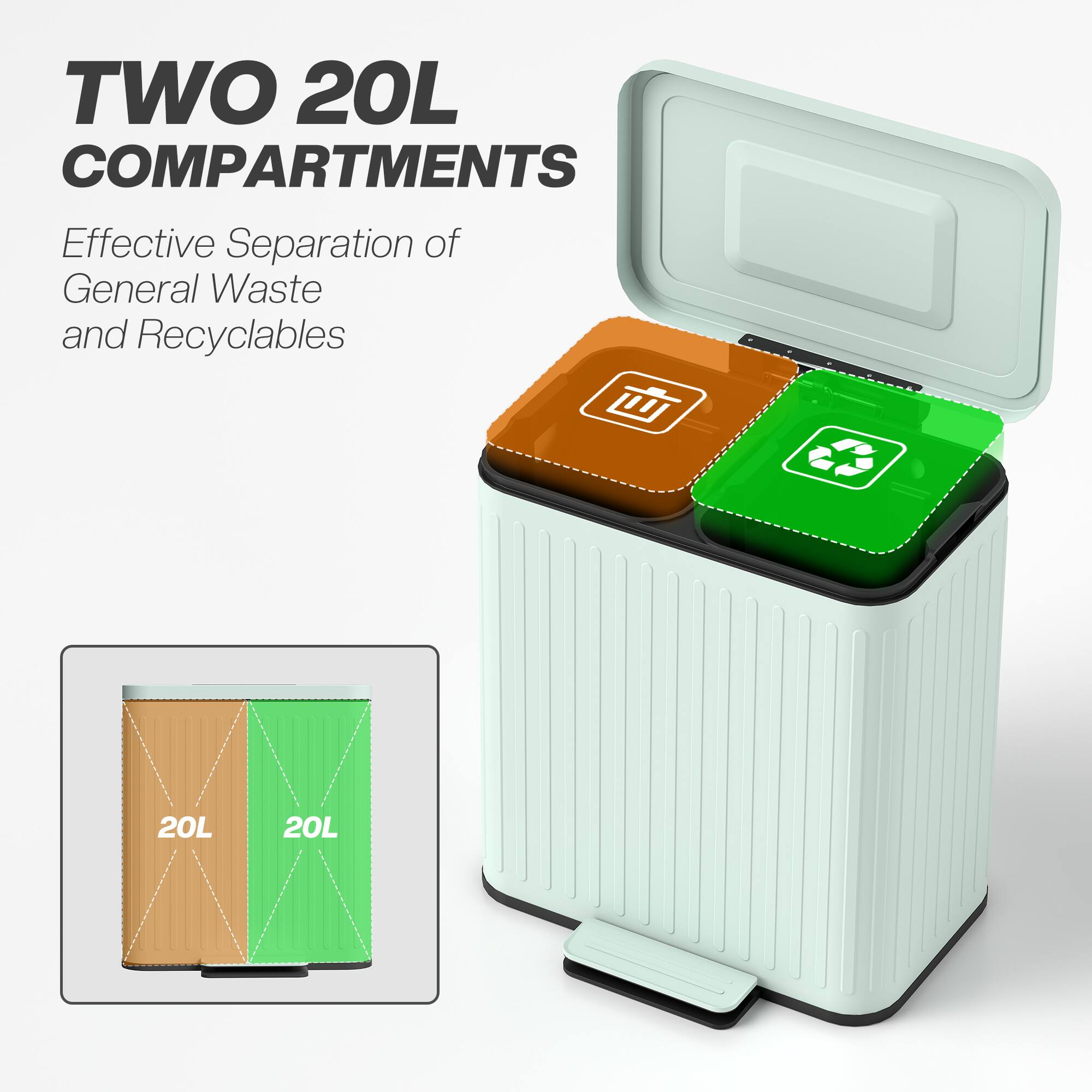 TWO 20L COMPARTMENTS  
Effective Separation of General Waste and Recyclables  
20L 20L