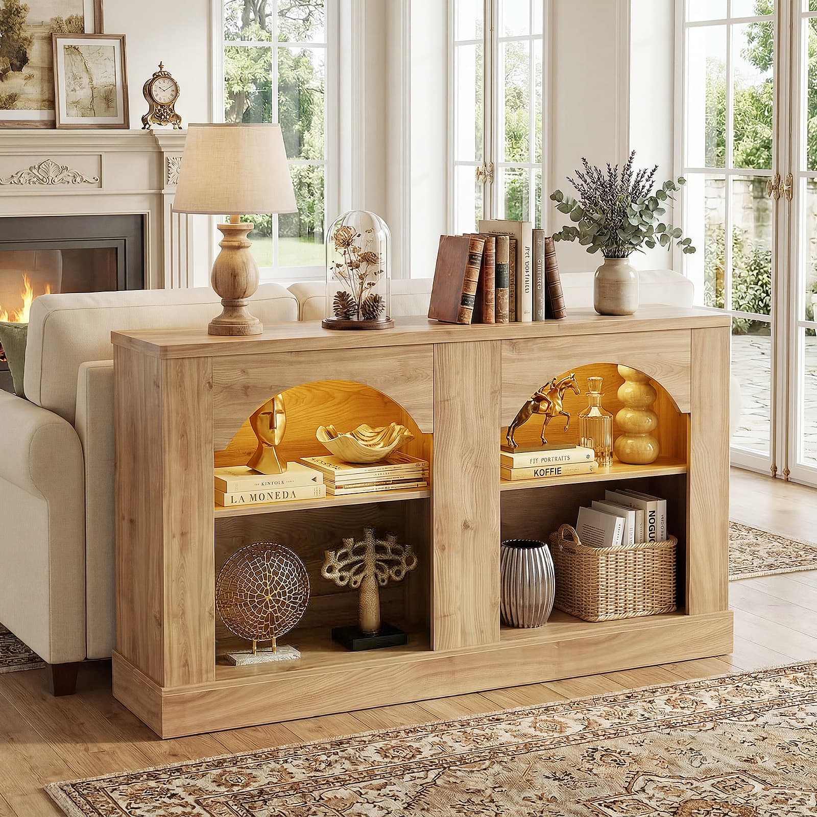 Aheaplus - 47" Arched Farmhouse LED Console Table - Adjustable Shelves, - Entryway/Hallway/Living Room Storage - Natural Oak