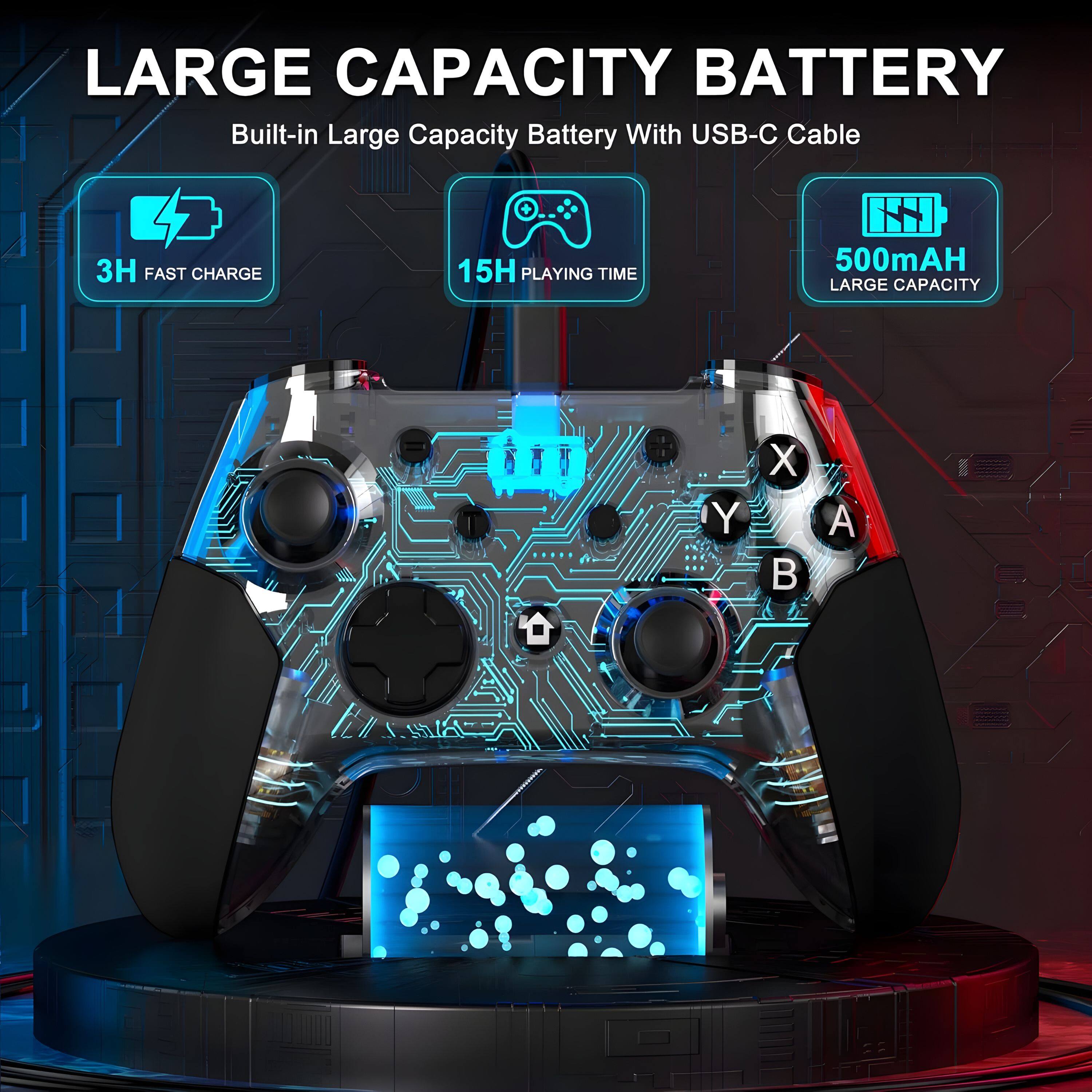 LARGE CAPACITY BATTERY  
Built-in Large Capacity Battery With USB-C Cable  

3H FAST CHARGE  
15H PLAYING TIME  
500mAh LARGE CAPACITY