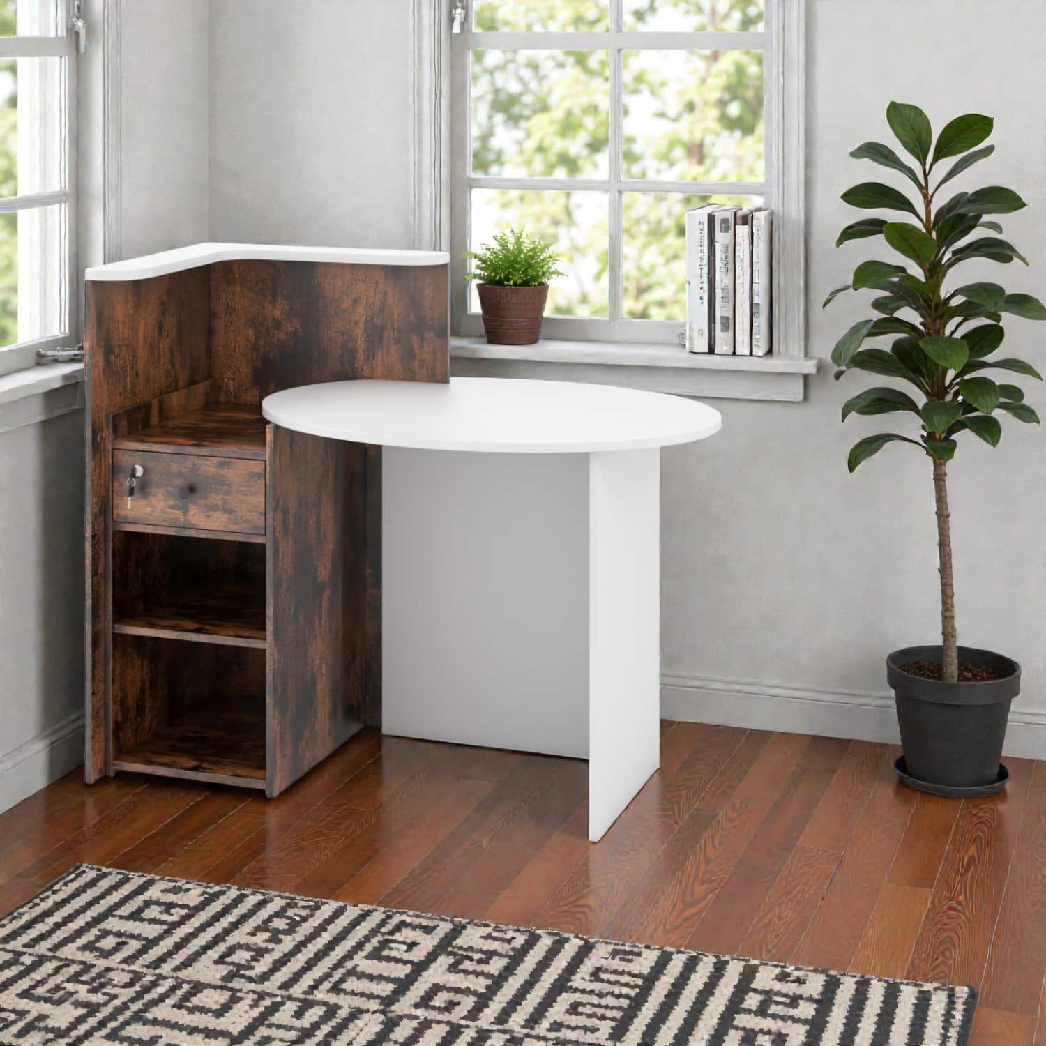 Hivvago - Office Front Desk with Accessible Shelves and Lockable Storage Compartment - Rustic Brown