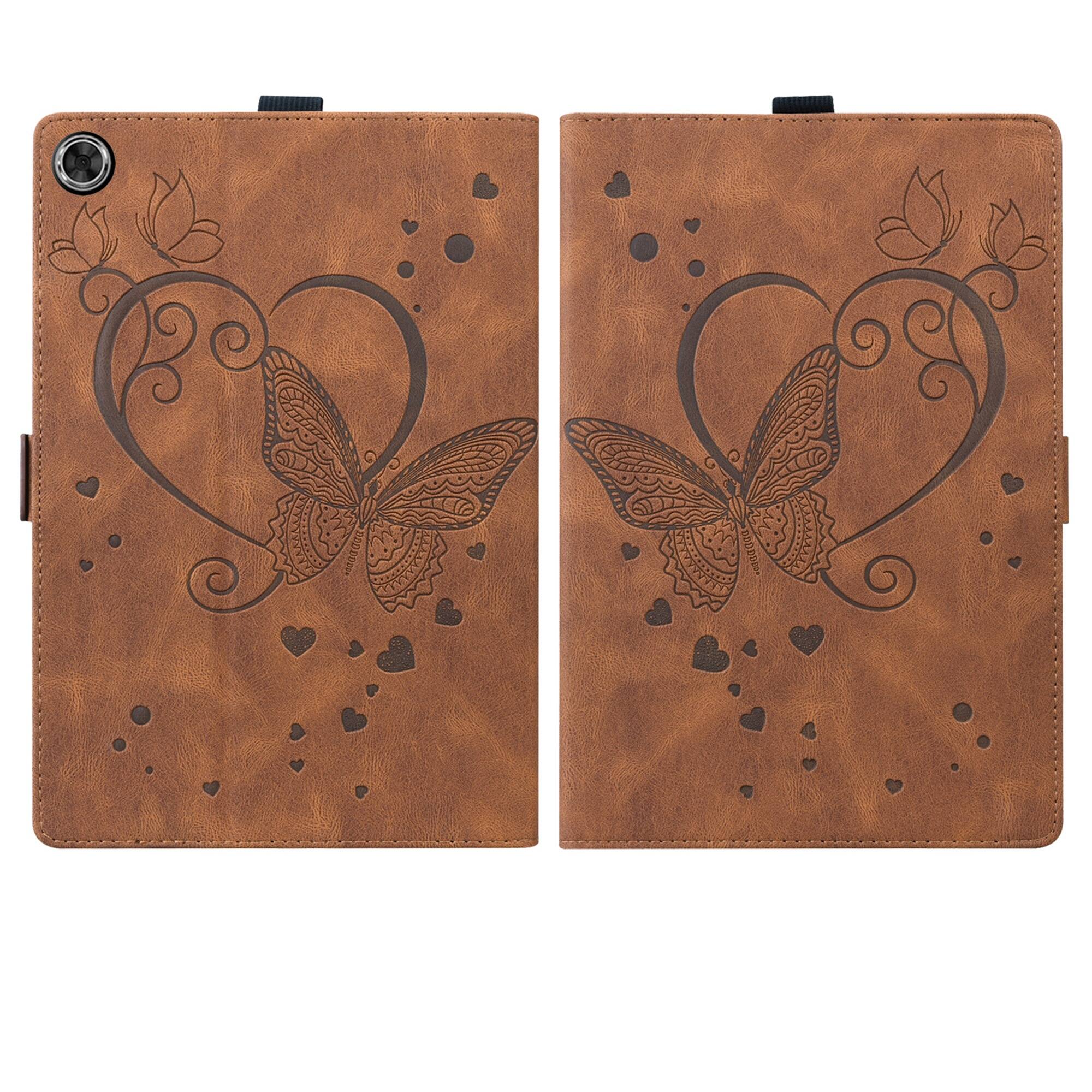 Left. Dteck - For Samsung Galaxy Tab A11/A9 8.7-inch PU Leather Embossed Butterfly Folio Case with Card Holder Flip Stand Cover - Brown.