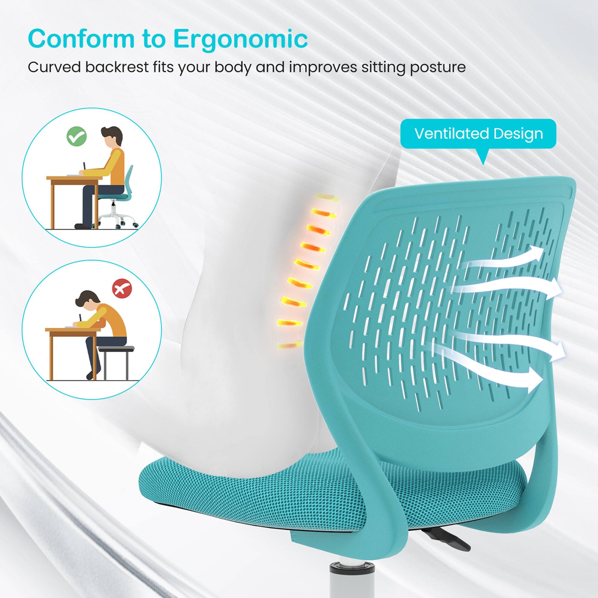 The text on the image reads, "Conform to Ergonomic Curved backrest fits your body and improves sitting posture Ventilated Design."