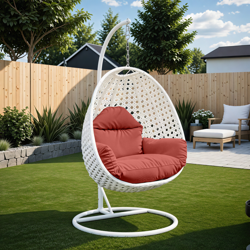 Angle. LeisureMod - LeisureMod Modern Handwoven White Wicker Egg Swing Chair with Stand - Single Hanging Indoor/Outdoor Chair for Patio - Cherry.
