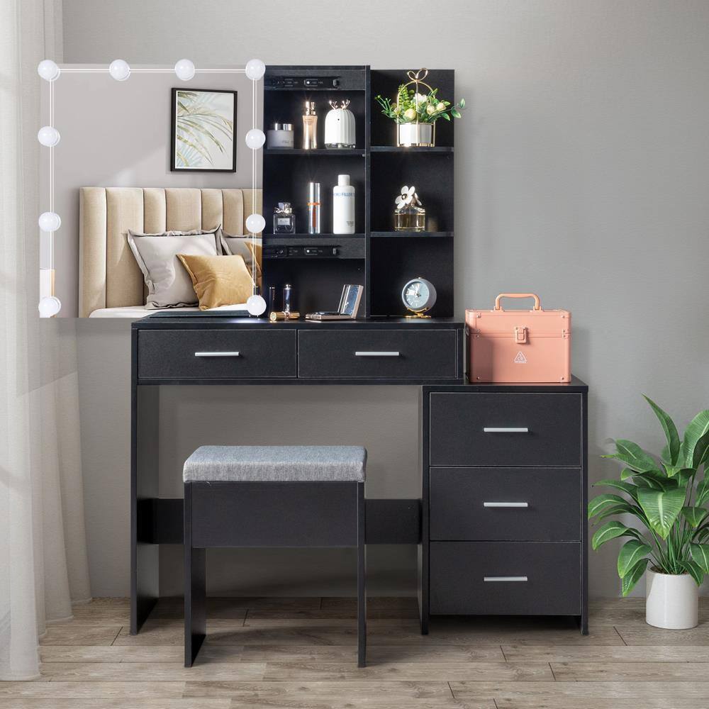 Alt View 8. Winado - Vanity Makeup Table Dressing Desk Set Open Shelves 5 Drawers Cabinet 10 LED Lighted Bulbs Sliding Mirror with Stool Set - Black.