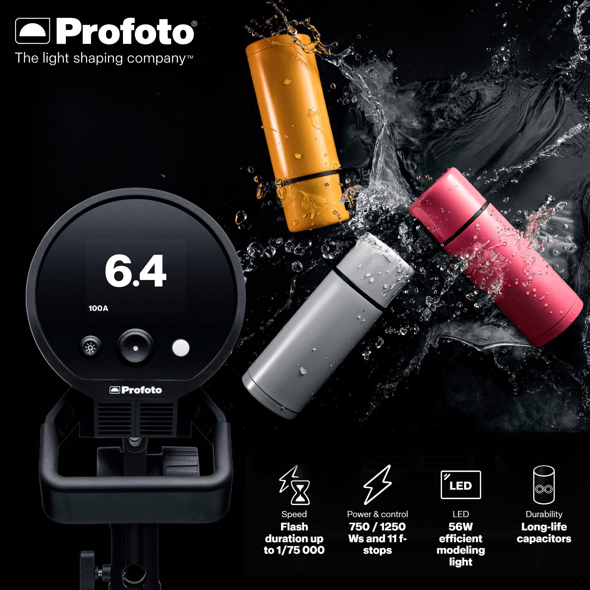 Profoto  
The light shaping company  

6.4  
100A  

Profoto LED Speed Flash  
duration up to 1/75000  

Power & control  
750 / 1250 Ws and 11 f-stops  

LED  
56W efficient modeling light  

Durability  
Long-life capacitors