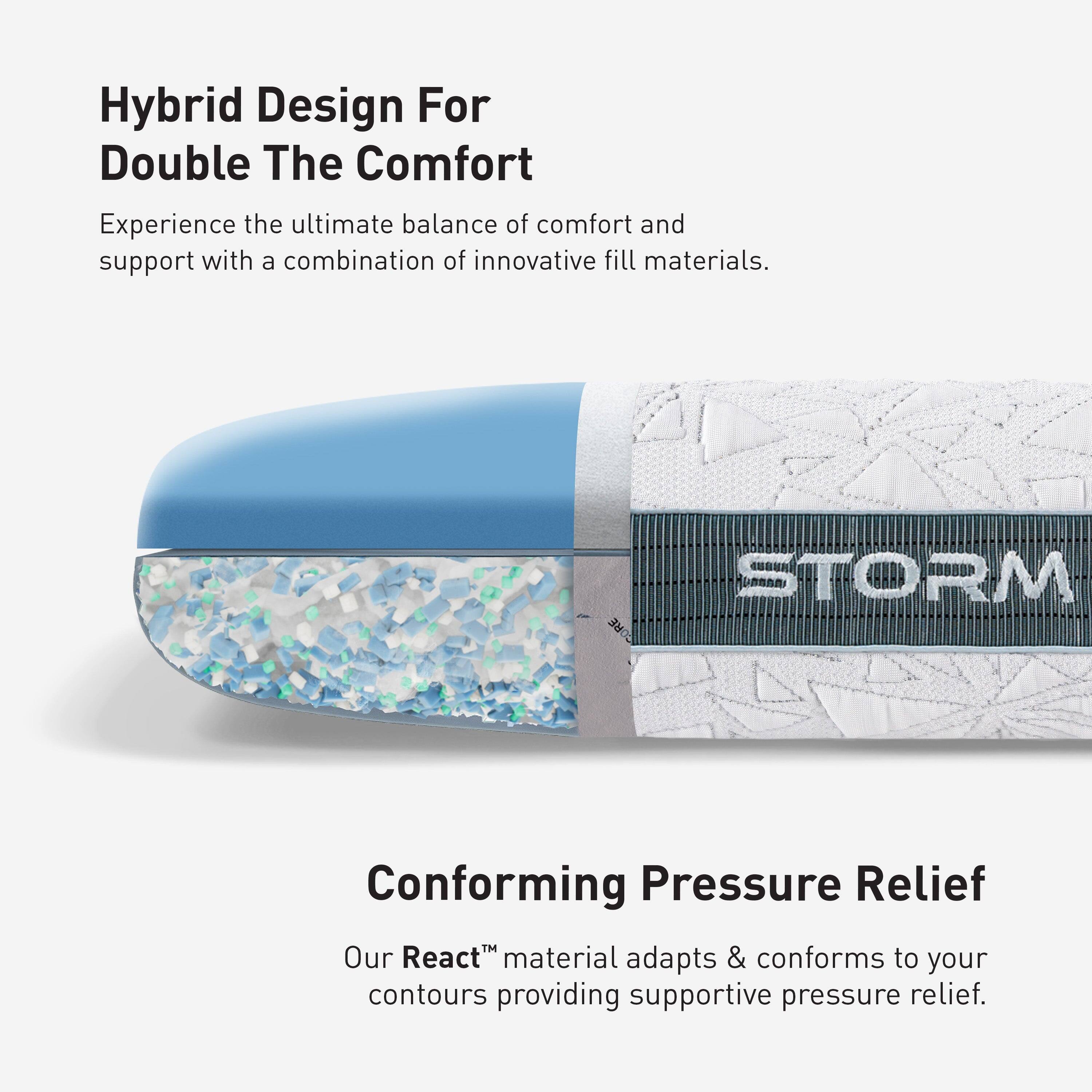 Hybrid Design For Double The Comfort  
Experience the ultimate balance of comfort and support with a combination of innovative fill materials.

STORM

Conforming Pressure Relief  
Our React™ material adapts & conforms to your contours providing supportive pressure relief.