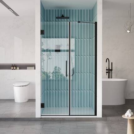 Front. WELLFOR - 43–44 in. W x 72 in. H Frameless Hinged Shower Door with 3/8" Clear Tempered Glass, Reversible Opening - Matte Black.
