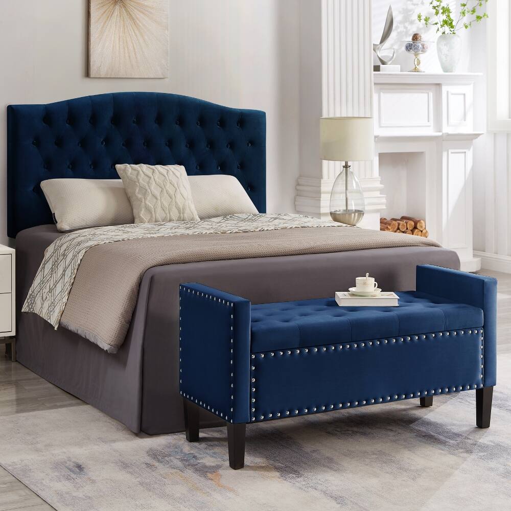 Alt View 3. Ropilly - Ropilly Upholstered Tufted Storage Bench with Armrests, Navy Velvet Entryway Bed Bench with Nailhead Trim, 48 Inch - Navy.