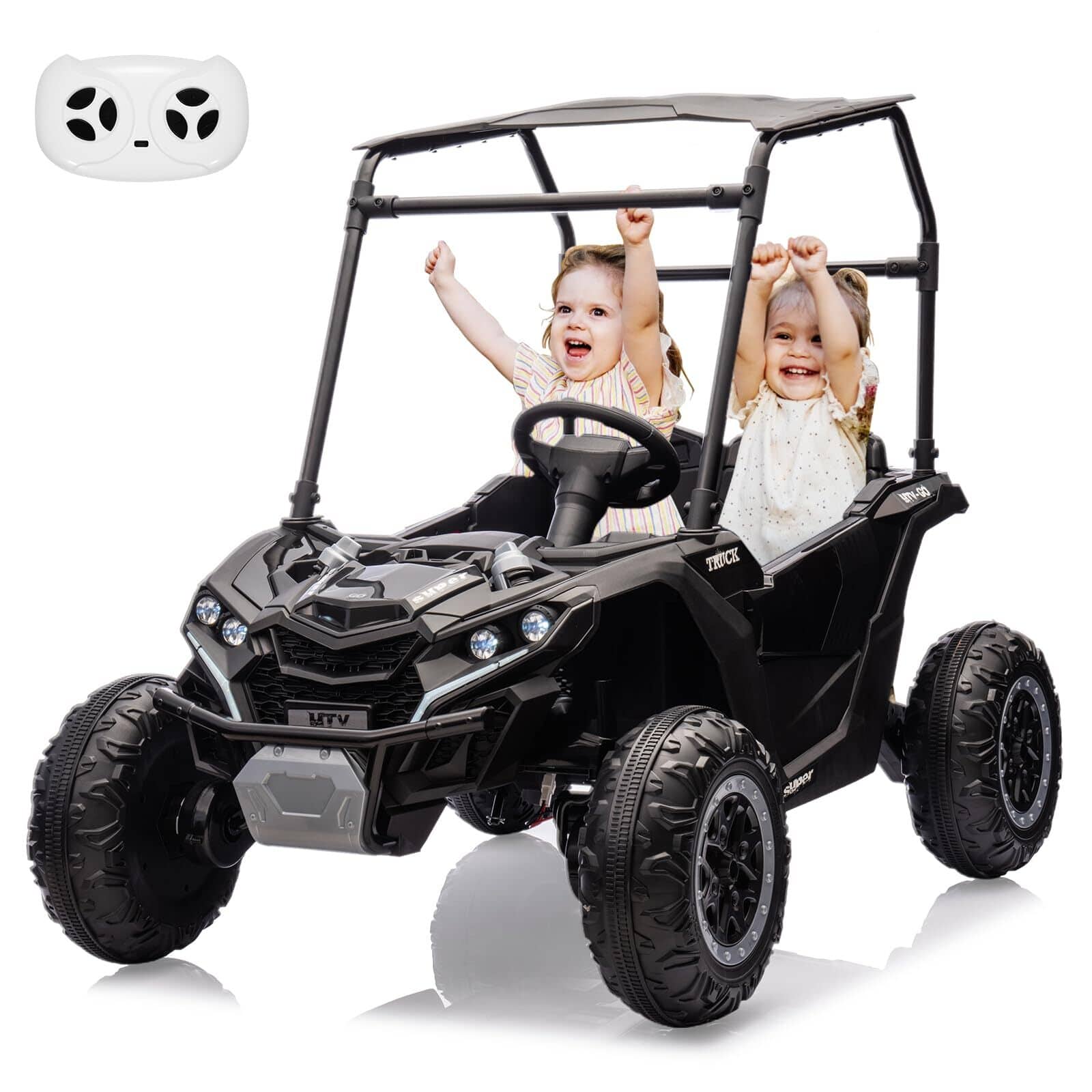 Jojoka - Acekool 2 Seater Ride on Car for Kids, 24V 7AH Electric Off-Road UTV Truck w/Forward & Reverse Functions - Black