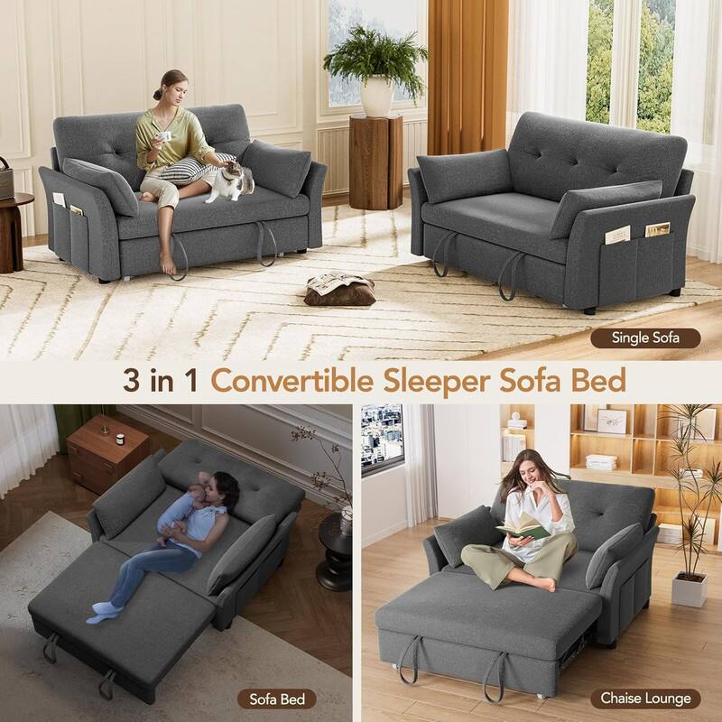 The text on the image can be grouped and corrected as follows:

- **3 in 1 Convertible Sleeper Sofa Bed**
  - Single Sofa
  - Sofa Bed
  - Chaise Lounge