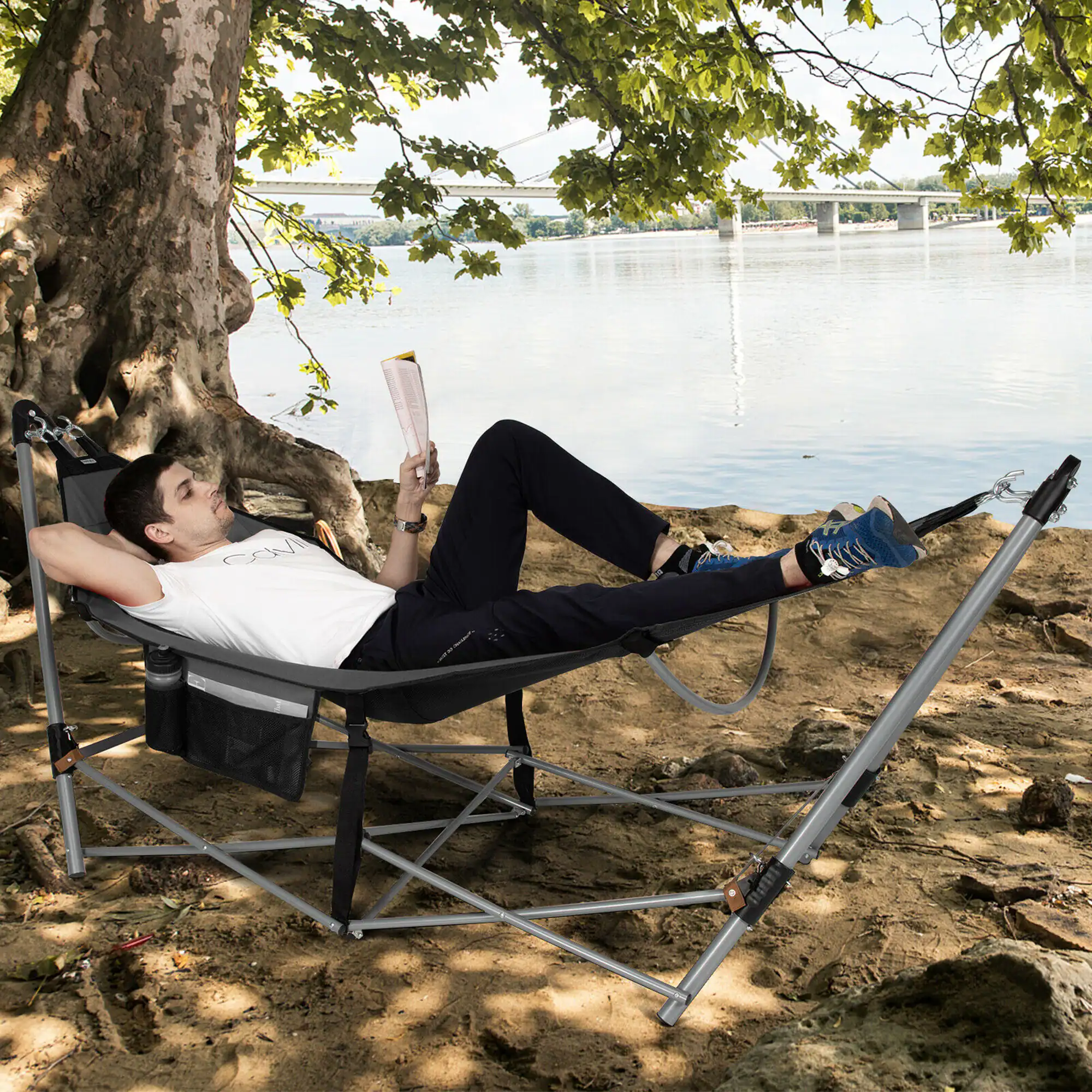 Alt View 3. Costway - Costway Folding Hammock Indoor & Outdoor Hammock with Side Pocket & Iron Stand - Grey.