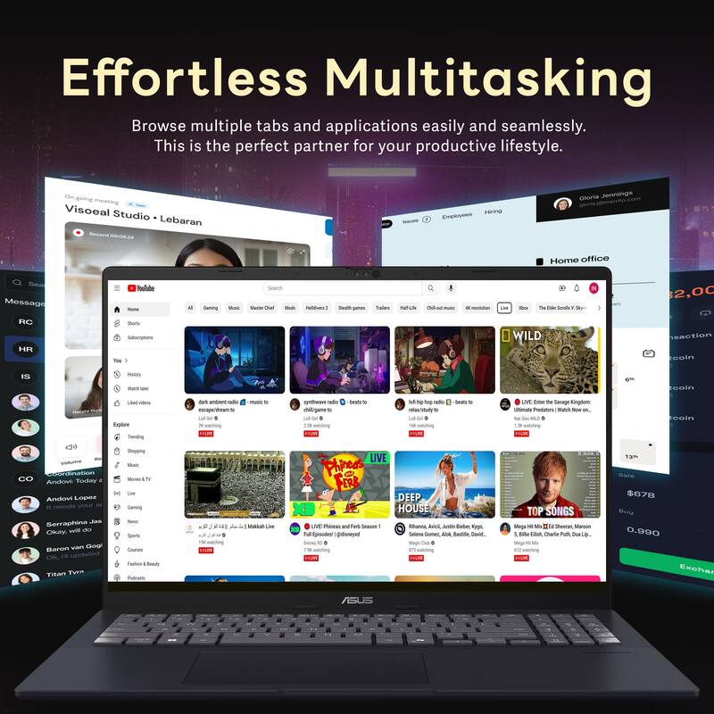 Effortless Multitasking  
Browse multiple tabs and applications easily and seamlessly.  
This is the perfect partner for your productive lifestyle.

On going meeting  
Visoal Studio • Lebaran  
Record 13:40  

Employees  
Gloria Jennings  
gloria.jennings@company.com  

Home office  

Message  
RC  
HR  
IS  
CO  

Explore  
Trending  
Shopping  
Music & TV  
Live  
News  
Sports  
Fashion & Beauty  
Podcasts  

Andovil Lopez  
It needs your coordination today  

Soraphia Jas  
Okay, will do  

Baron van Go!  

Titan Tvra  

YouTube  
Home  
All  
Gaming  
Music  
Master Chef  
Mods  
Holidays 2  
Street food  
Travels  
Hot Life  
Out-out music  
4K resolution  
Live  
Xbox  
The Elder Scrolls V: Skyrim  

WILD  
Dark inked radio - music to escape dreams  
chillgame to challenge to  
Lofi Girl  

PHIM PHÁT FERB Season 1  
Magic Club  
7.8M watching  

LIVE ENTER THE GAMING QUEENS  
Ultimate Predator: Watch Now on.  
Not Go Girl  
13M watching  

