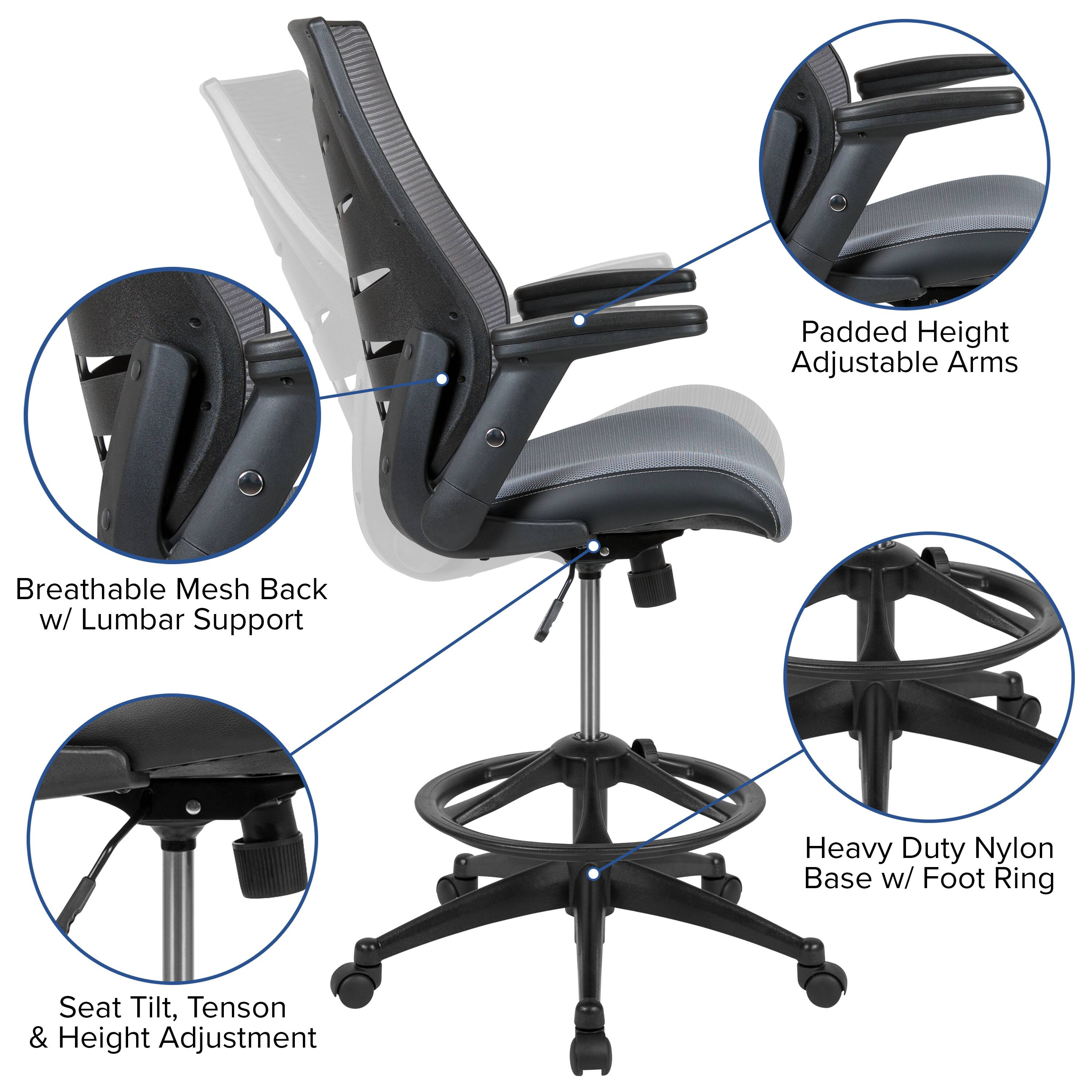 Padded Height Adjustable Arms  
Breathable Mesh Back w/ Lumbar Support  
Heavy Duty Nylon Base w/ Foot Ring  
Seat Tilt, Tension & Height Adjustment