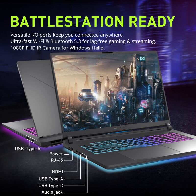 BATTLESTATION READY

Versatile I/O ports keep you connected anywhere.  
Ultra-fast Wi-Fi & Bluetooth 5.3 for lag-free gaming & streaming.  
1080P FHD IR Camera for Windows Hello.

- USB Type-A
- Power
- RJ-45
- HDMI
- USB Type-A
- USB Type-C
- Audio jack