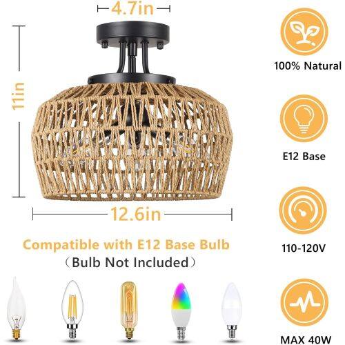 4.7in 11in 100% Natural E12 Base 12.6in Compatible with E12 Base Bulb (Bulb Not Included) 110-120V MAX 40W