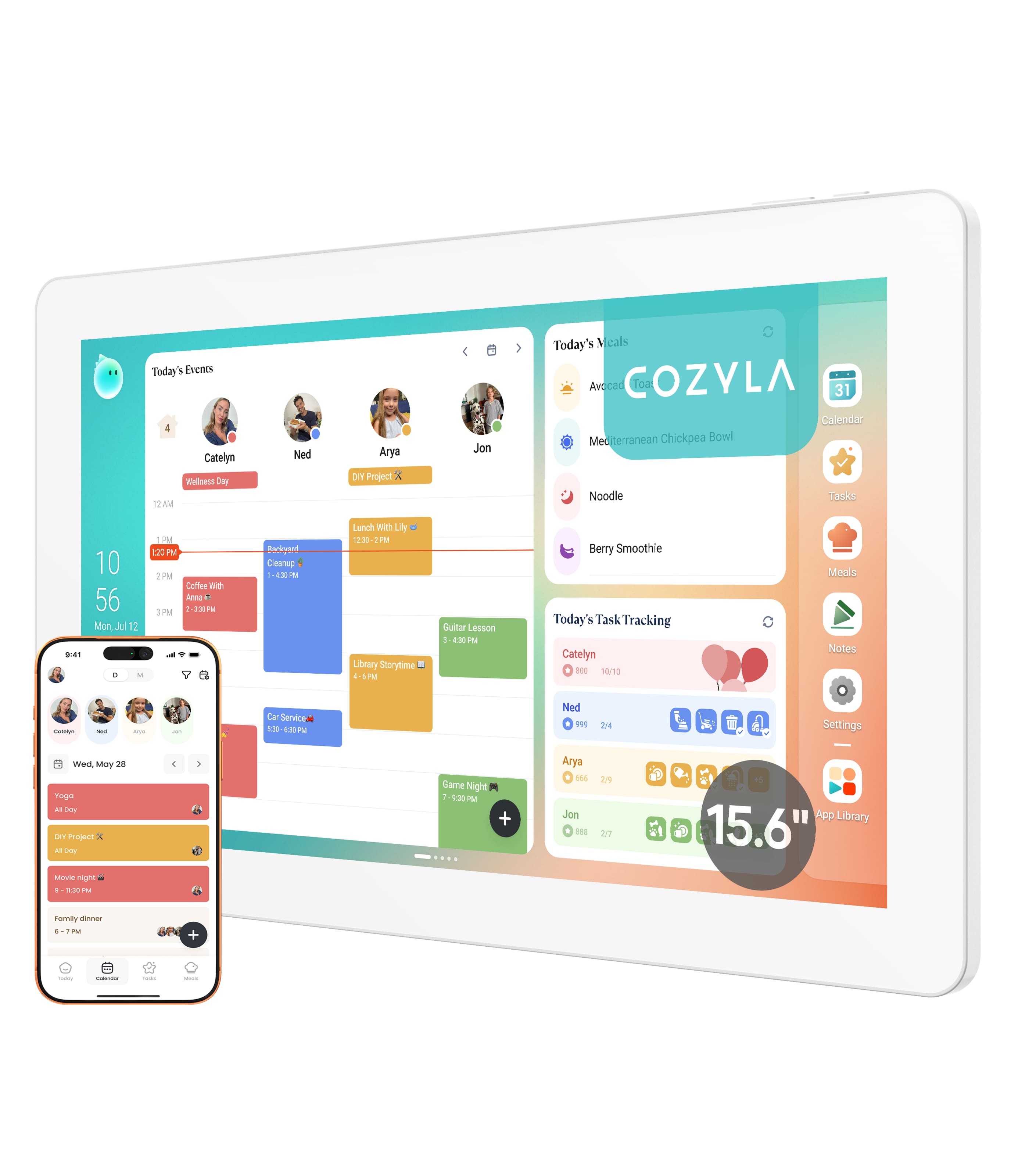 Cozyla - Digital Calendar+2: 15.6'' Wall Planner Smart Touch Screen Chore Chart for Family Schedules Support App Store with Stand - White